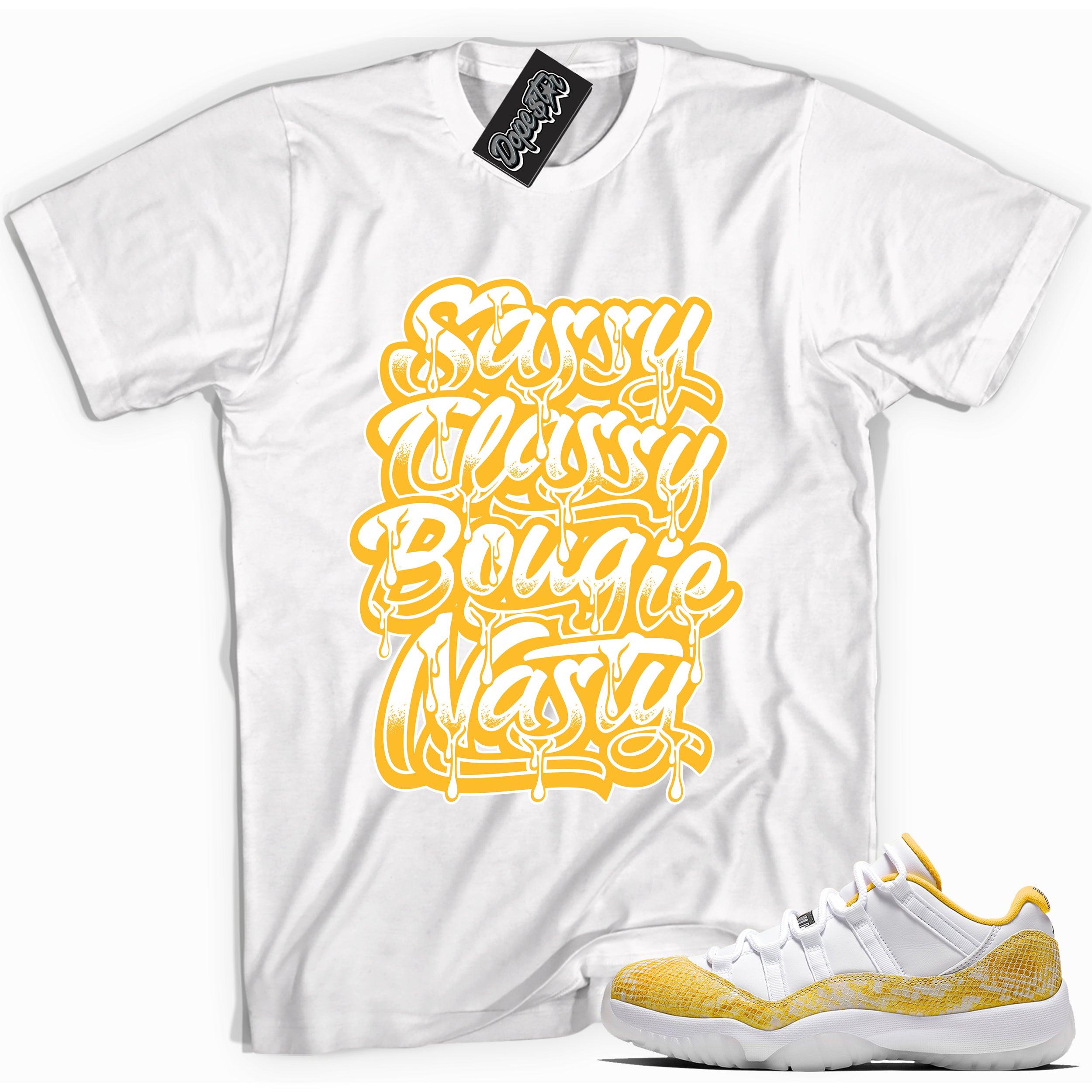 Cool white graphic tee with 'sassy classy bougie nasty' print, that perfectly matches Air Jordan 11 Retro Low Yellow Snakeskin sneakers