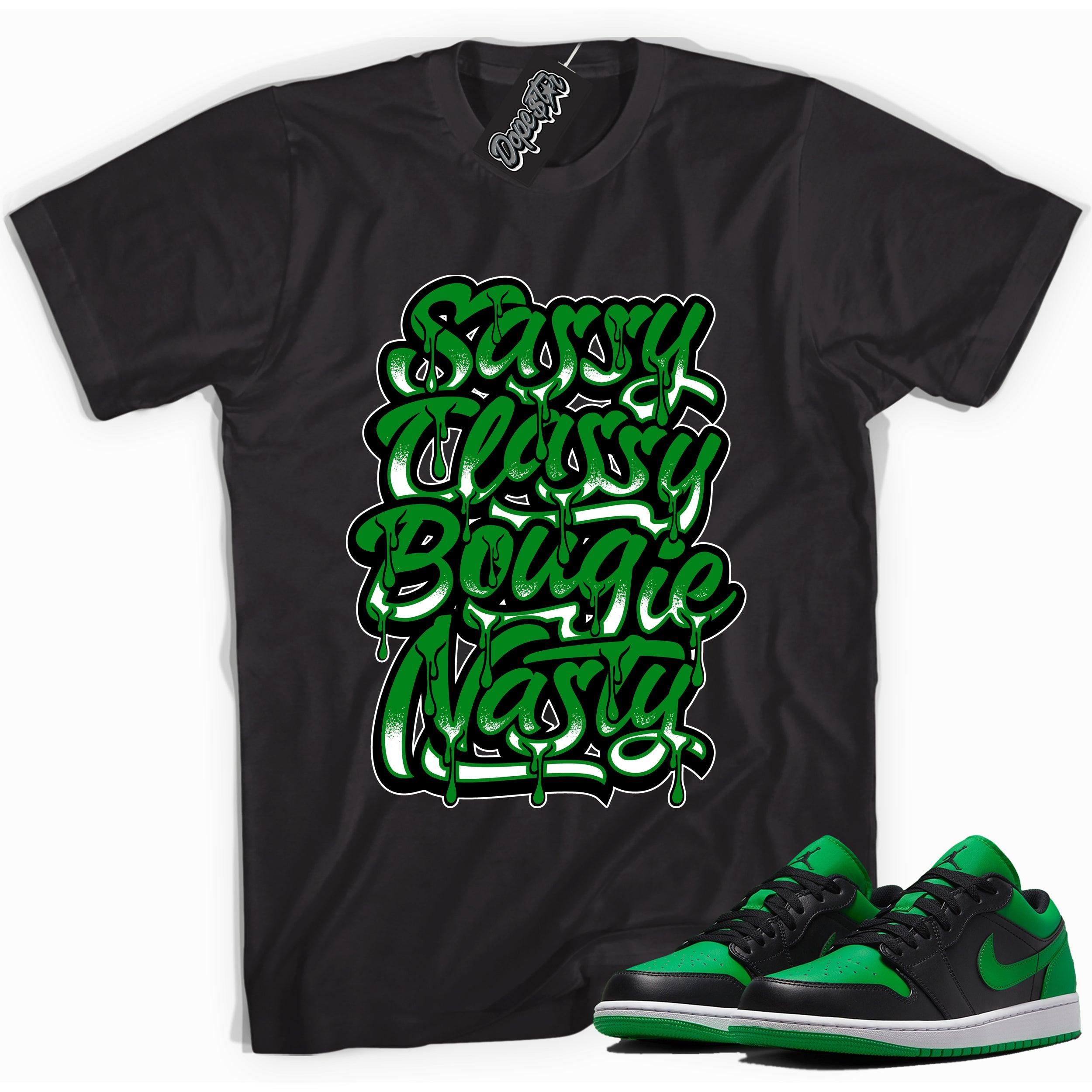 Cool black graphic tee with 'sassy classy' print, that perfectly matches Air Jordan 1 Low Lucky Green sneakers