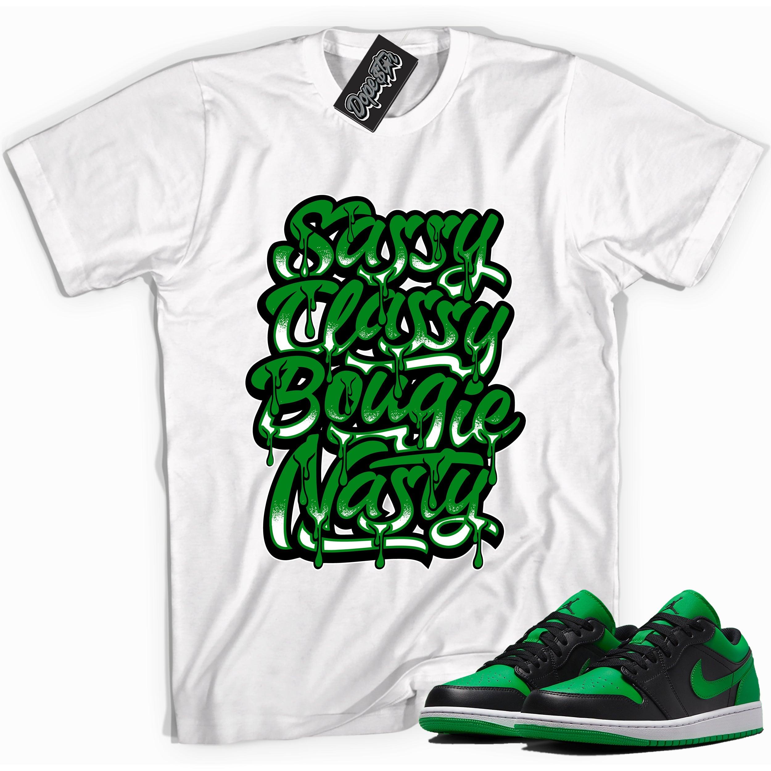 Cool white graphic tee with 'sassy classy' print, that perfectly matches Air Jordan 1 Low Lucky Green sneakers