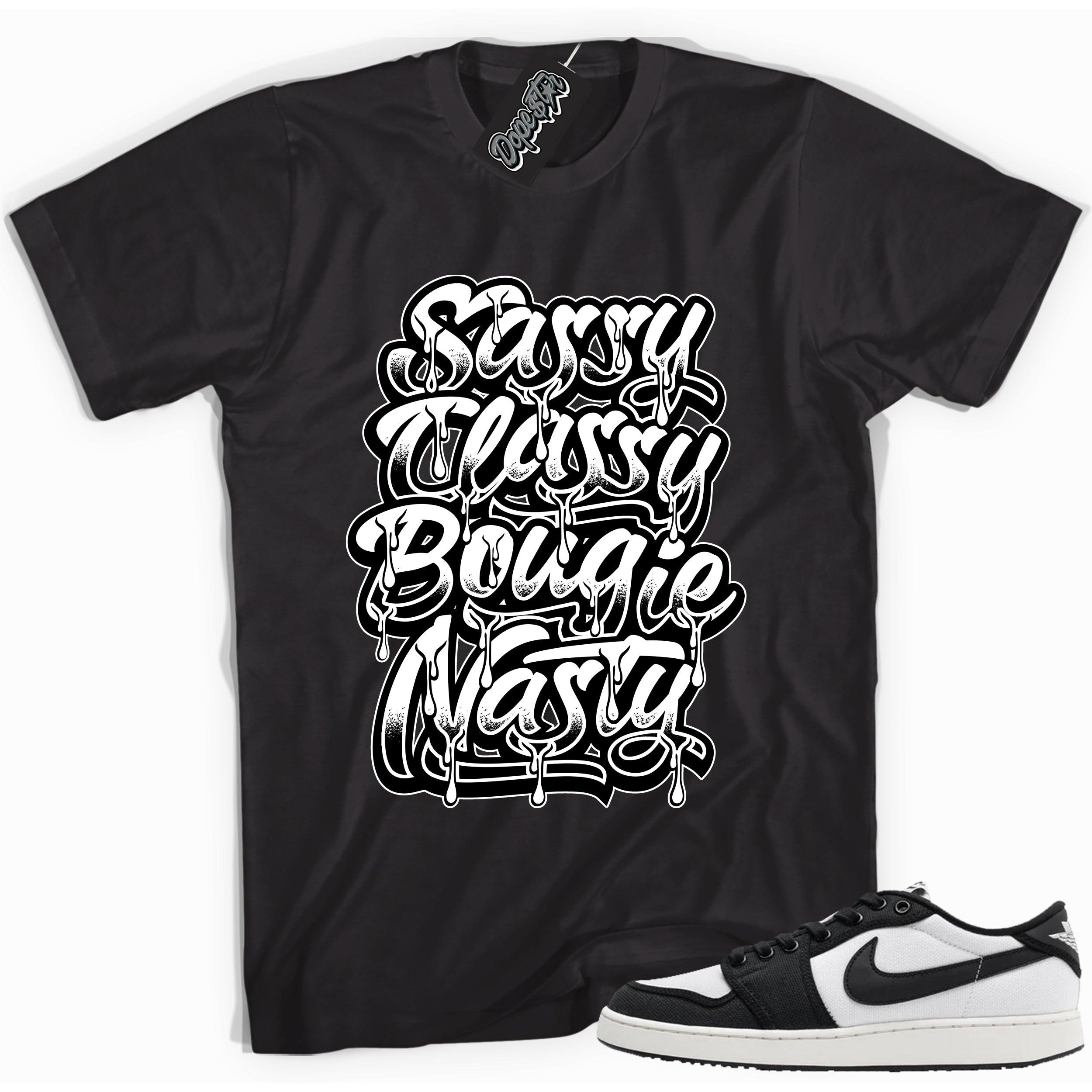 Cool black graphic tee with 'sassy classy' print, that perfectly matches Air Jordan 1 Retro Ajko Low Black & White sneakers.