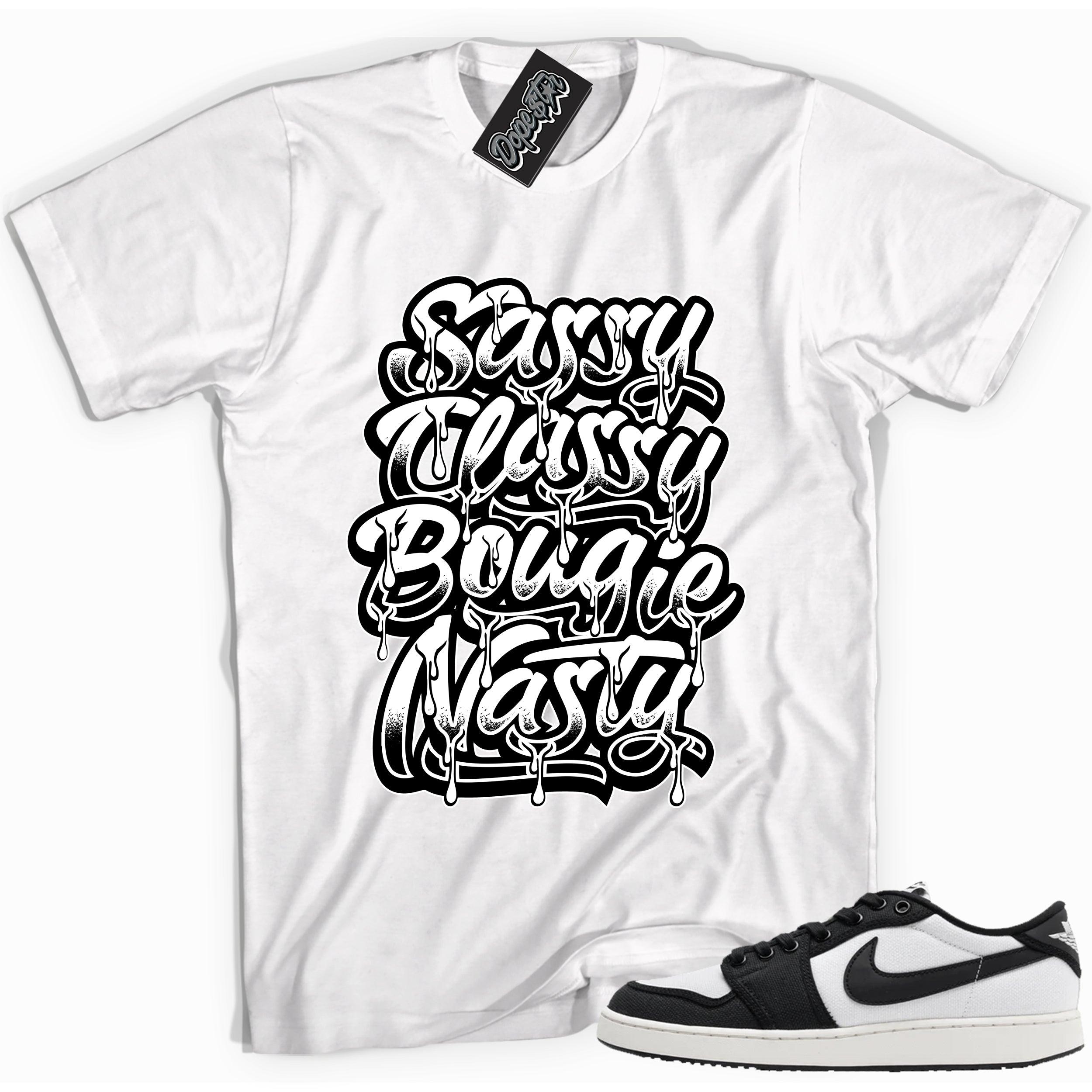Cool white graphic tee with 'sassy classy' print, that perfectly matches Air Jordan 1 Retro Ajko Low Black & White sneakers.