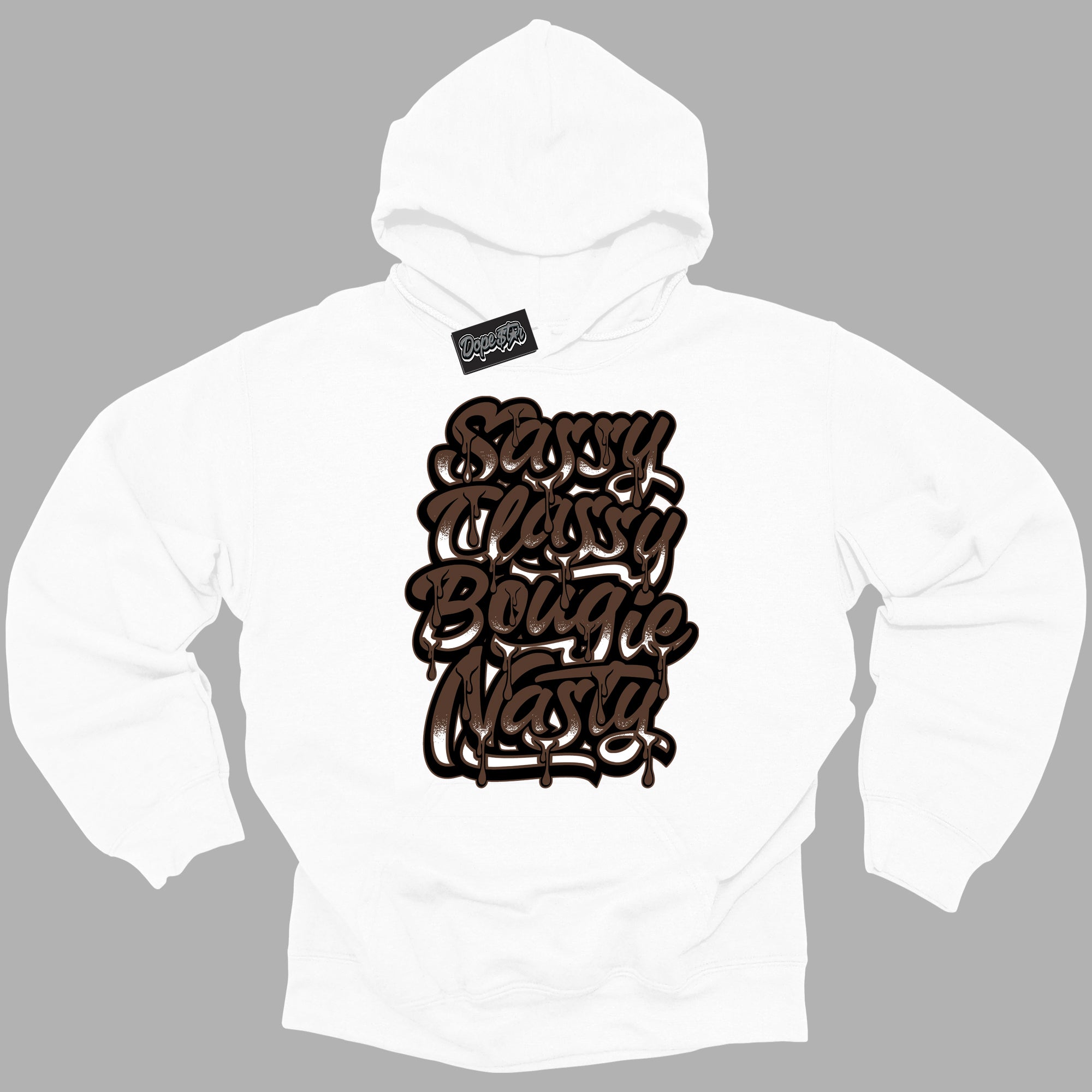 Cool White Graphic DopeStar Hoodie with “ Sassy Classy “ print, that perfectly matches Palomino 1s sneakers