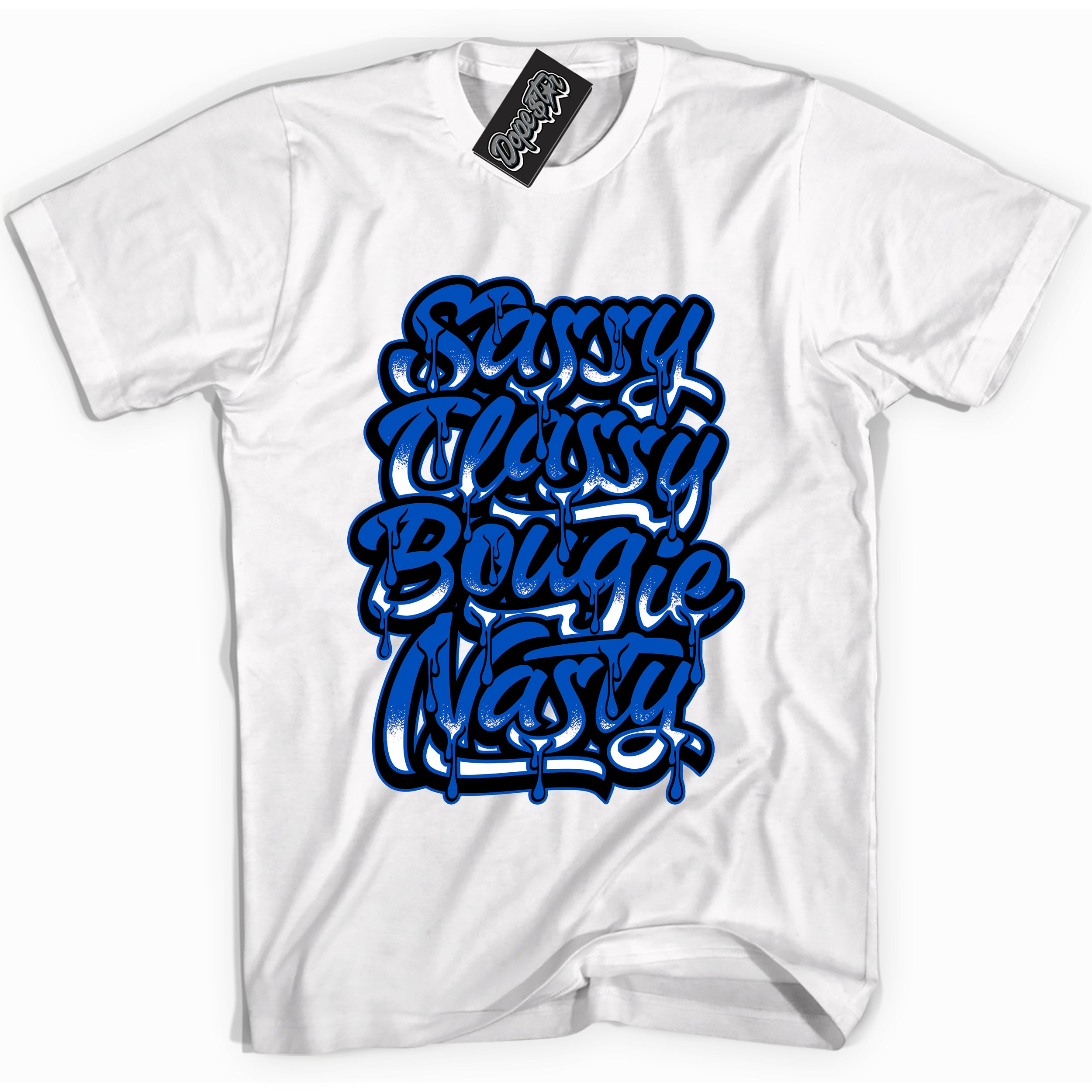 Cool White graphic tee with Sassy Classy print, that perfectly matches OG Royal Reimagined 1s sneakers 