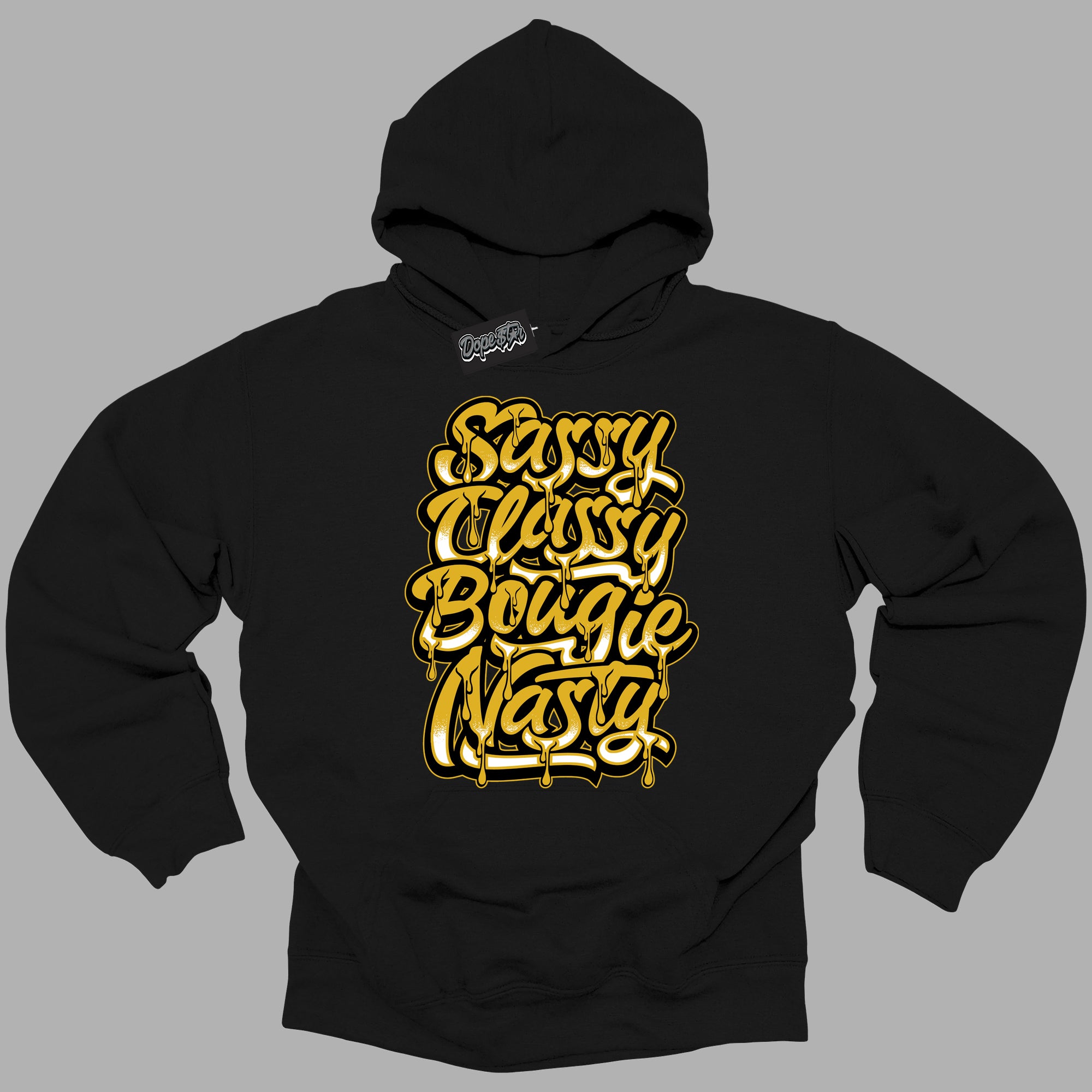 Cool Black Hoodie with “ Sassy Classy ”  design that Perfectly Matches Yellow Ochre 6s Sneakers.