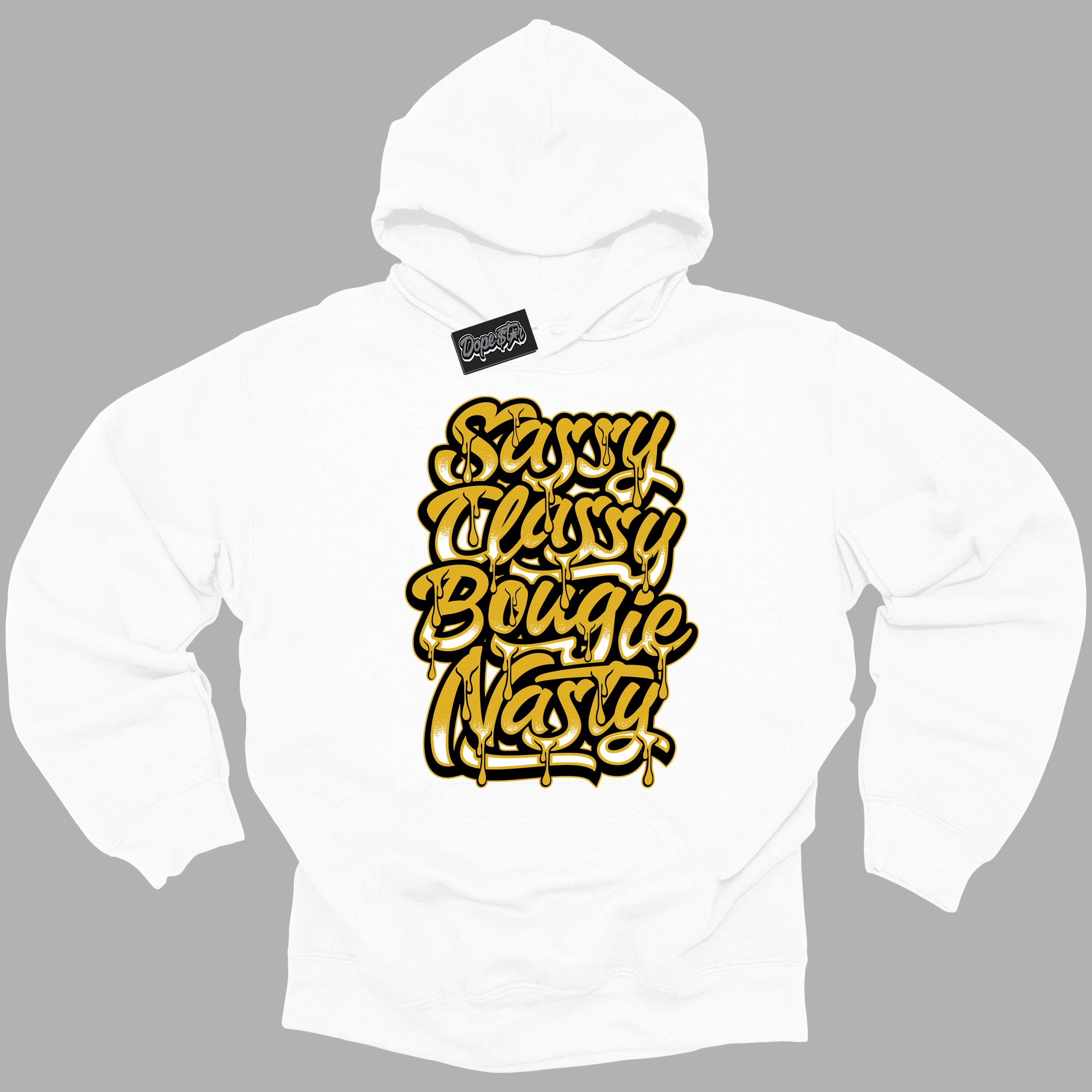 Cool White Hoodie with “ Sassy Classy ”  design that Perfectly Matches Yellow Ochre 6s Sneakers.