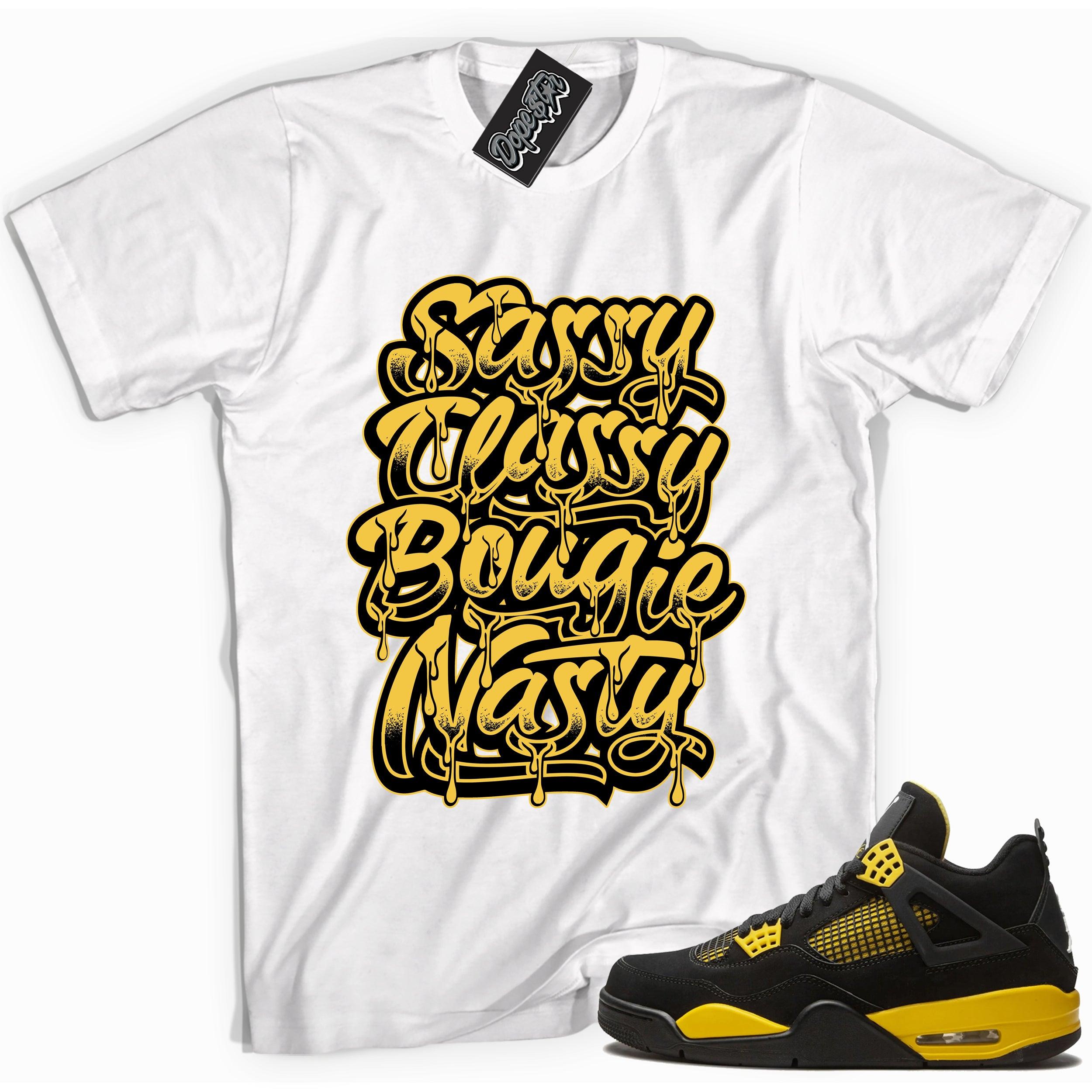 Cool white graphic tee with 'sassy classy bougie nasty' print, that perfectly matches Air Jordan 4 Thunder sneakers