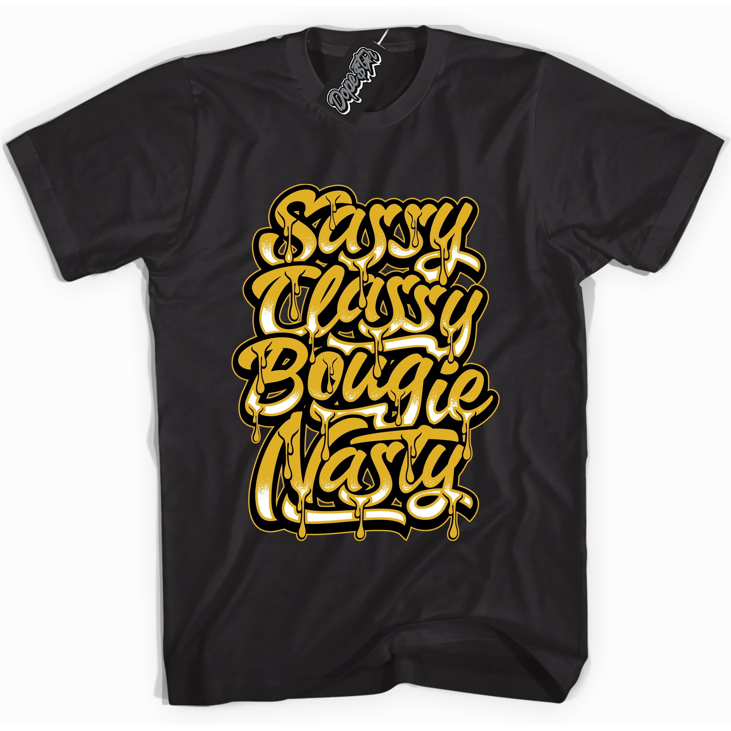 Cool Black Shirt with “ Sassy Classy ” design that perfectly matches Yellow Ochre 6s Sneakers.