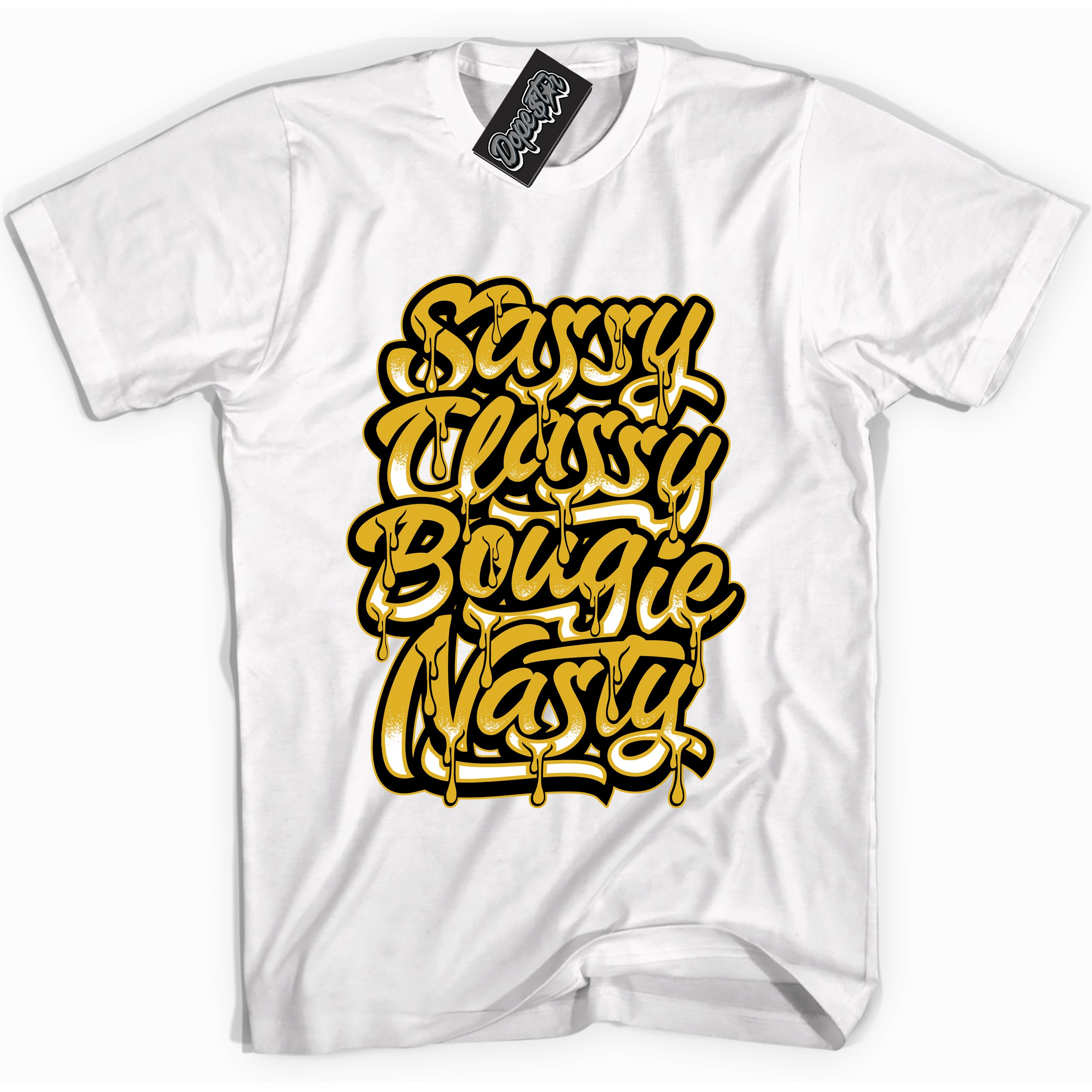 Cool White Shirt with “ Sassy Classy” design that perfectly matches Yellow Ochre 6s Sneakers.