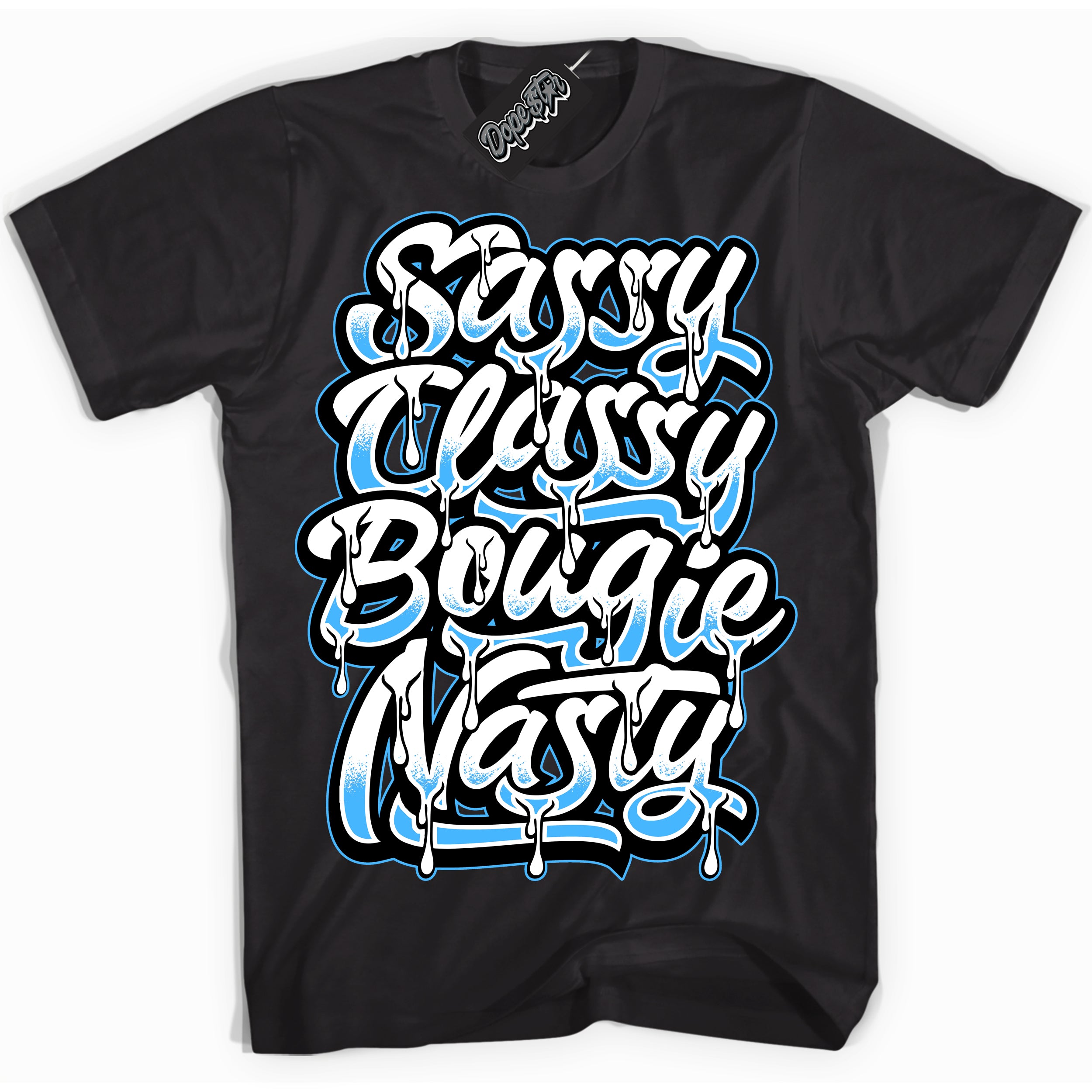 Cool Black graphic tee with “ Sassy Classy ” design, that perfectly matches Powder Blue 9s sneakers 