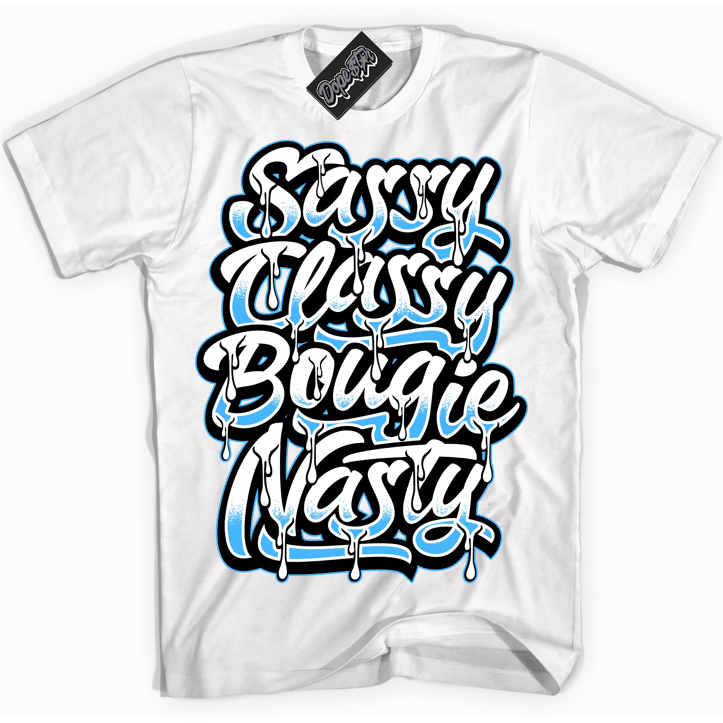 Cool White graphic tee with “ Sassy Classy ” design, that perfectly matches Powder Blue 9s sneakers 