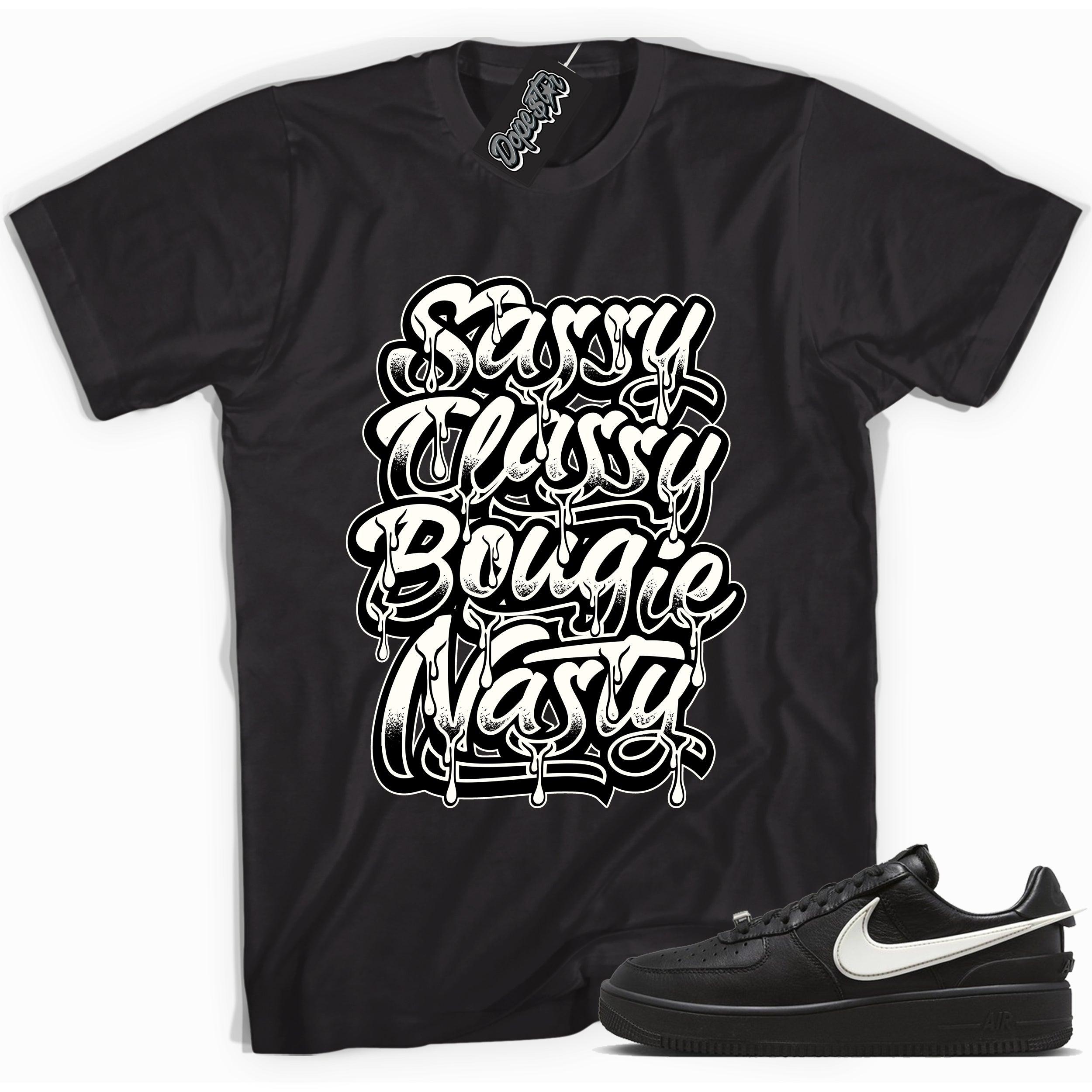 Cool black graphic tee with 'sassy classy' print, that perfectly matches Nike Air Force 1 Low Ambush Phantom Black sneakers