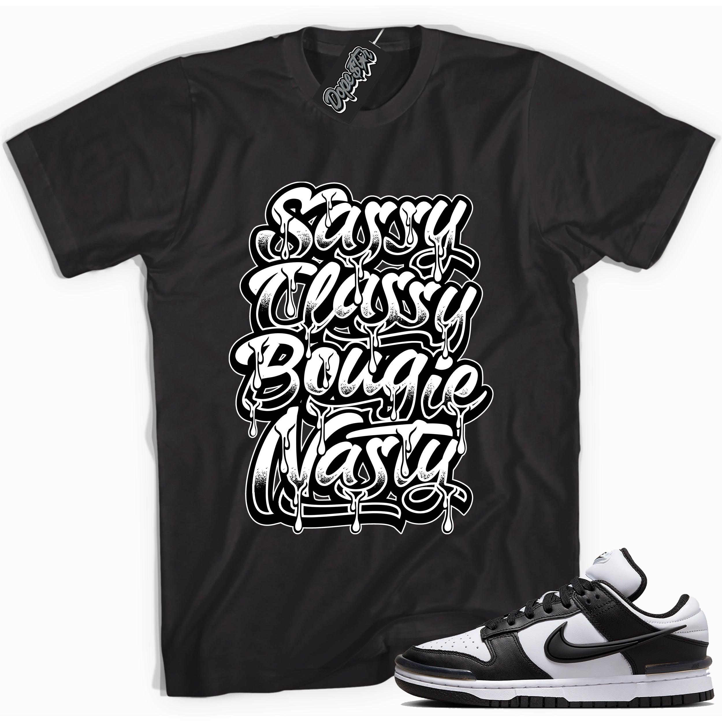 Cool black graphic tee with 'sassy classy' print, that perfectly matches Nike Dunk Low Twist Panda sneakers.
