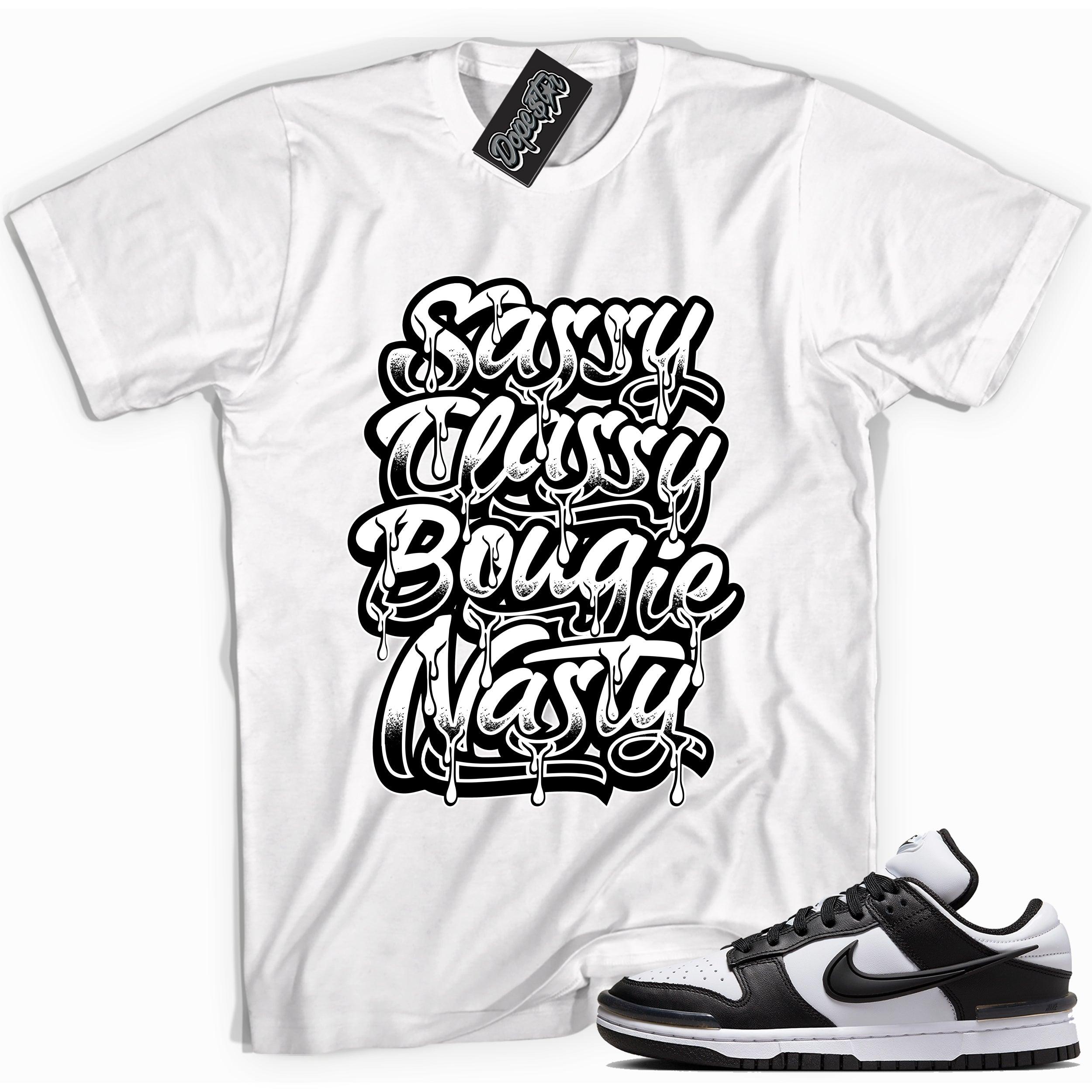 Cool white graphic tee with 'sassy classy' print, that perfectly matches Nike Dunk Low Twist Panda sneakers.