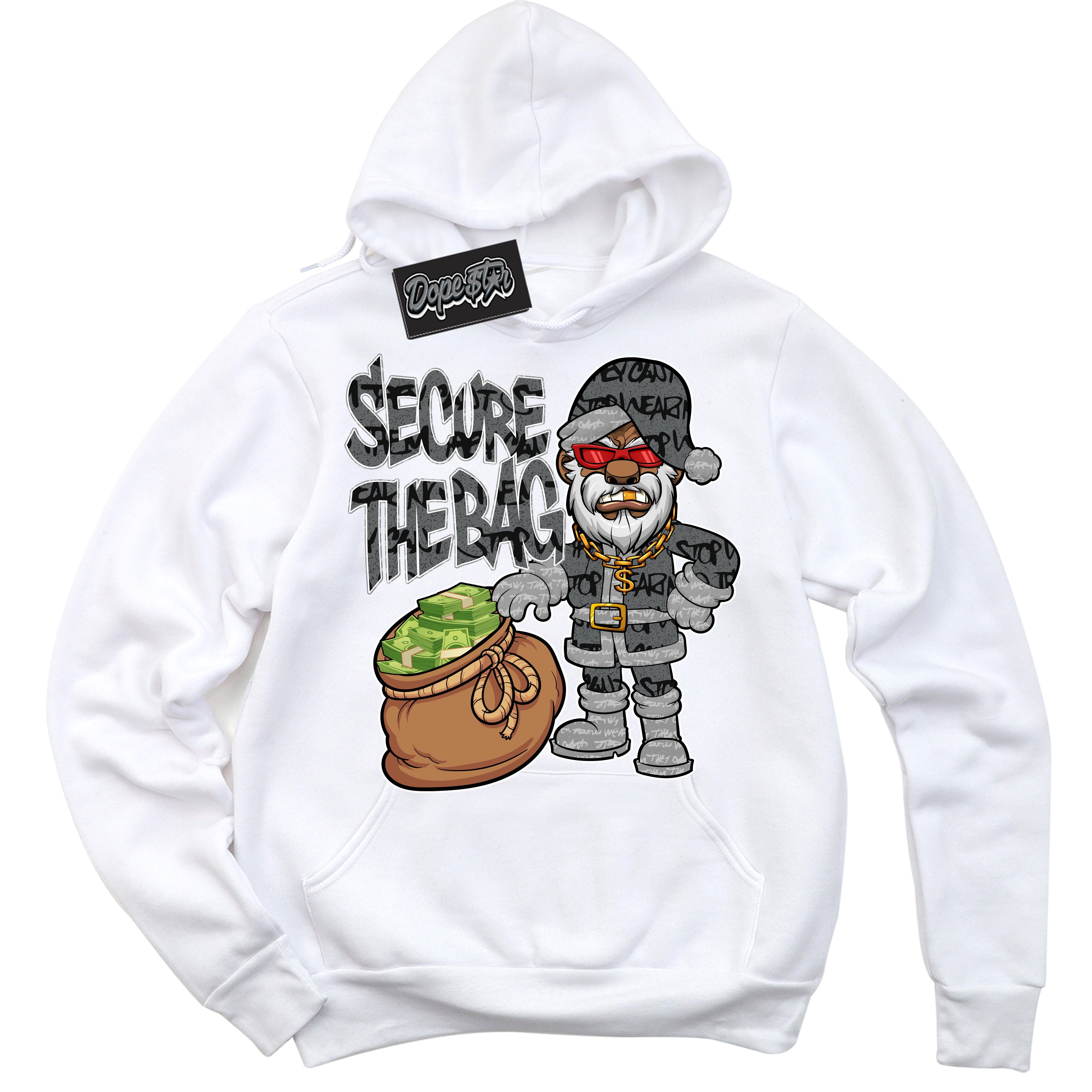 Cool White Hoodie with “ Secure The Bag Santa ”  design that Perfectly Matches Rebellionaire 1s Sneakers.