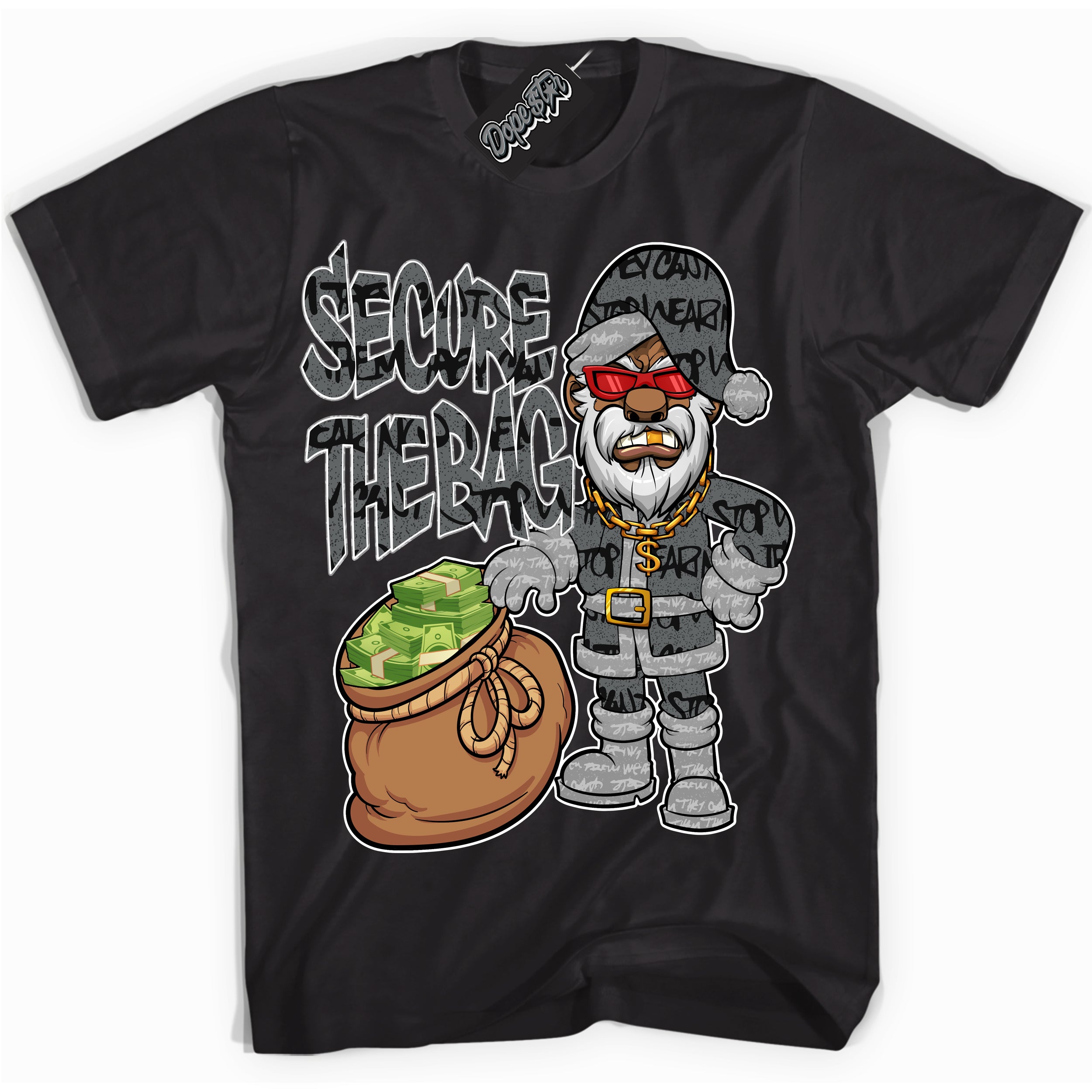 Cool Black Shirt with “ Secure The Bag Santa ” design that perfectly matches Rebellionaire 1s Sneakers.