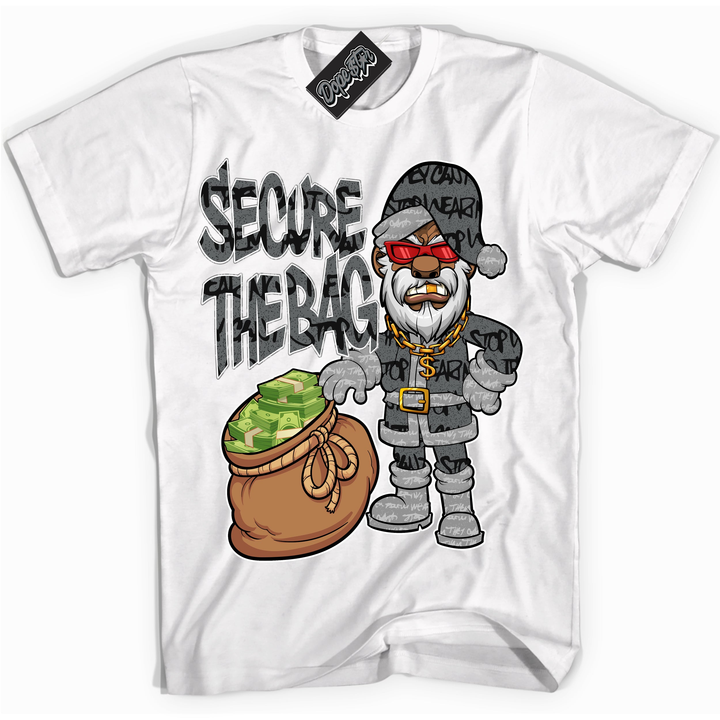 Cool White Shirt with “ Secure The Bag Santa ” design that perfectly matches Rebellionaire 1s Sneakers.