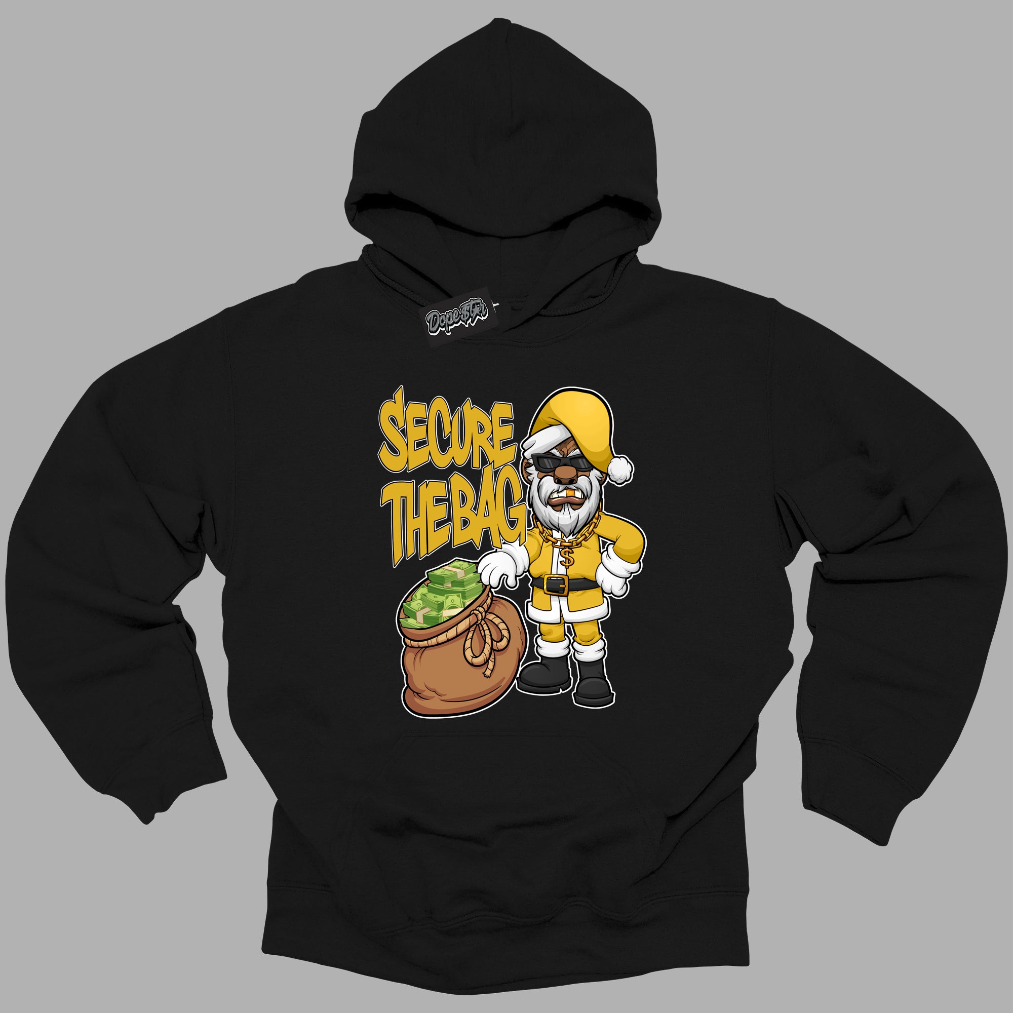 Cool Black Hoodie with “ Secure The Bag Santa ”  design that Perfectly Matches Yellow Ochre 6s Sneakers.
