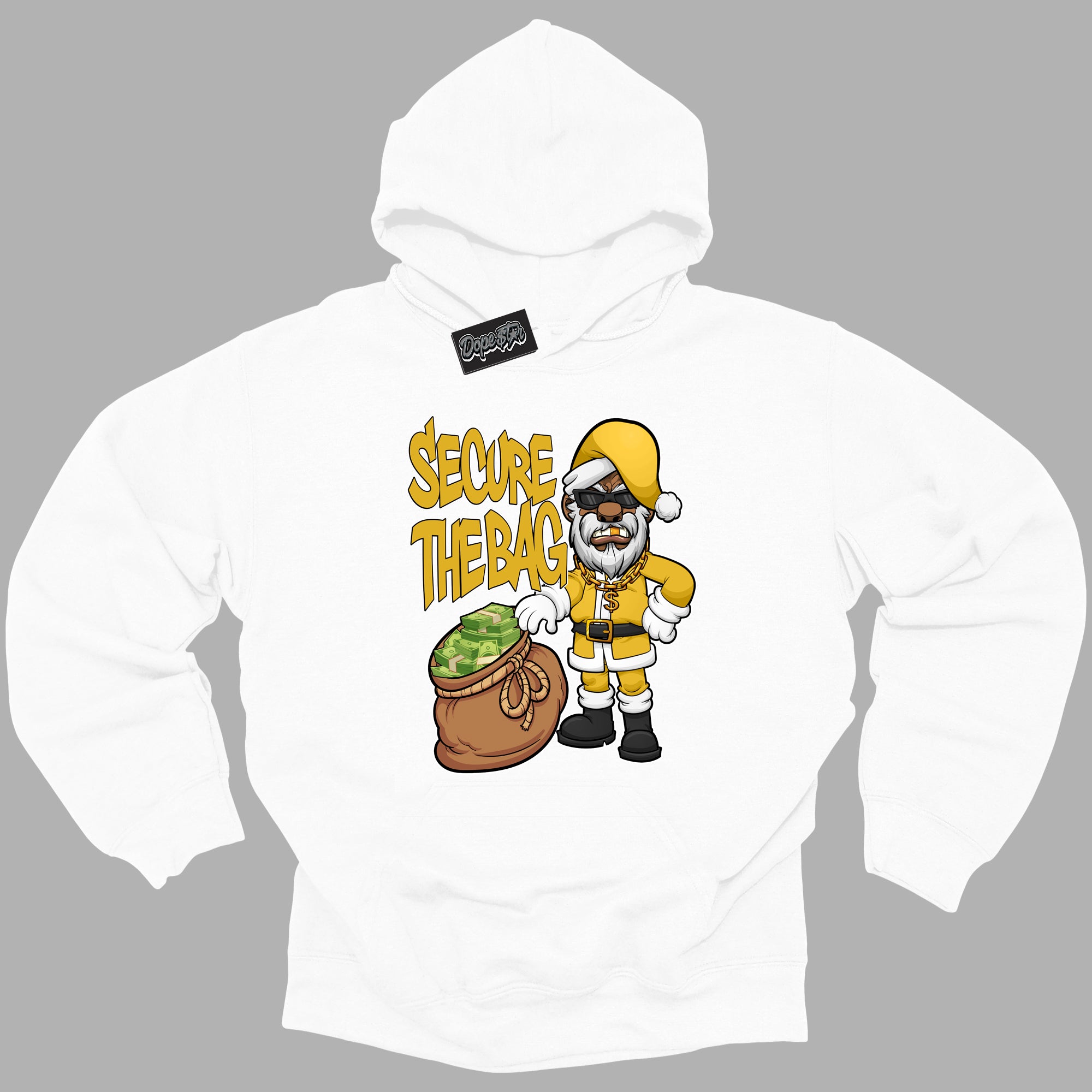 Cool White Hoodie with “ Secure The Bag Santa ”  design that Perfectly Matches Yellow Ochre 6s Sneakers.