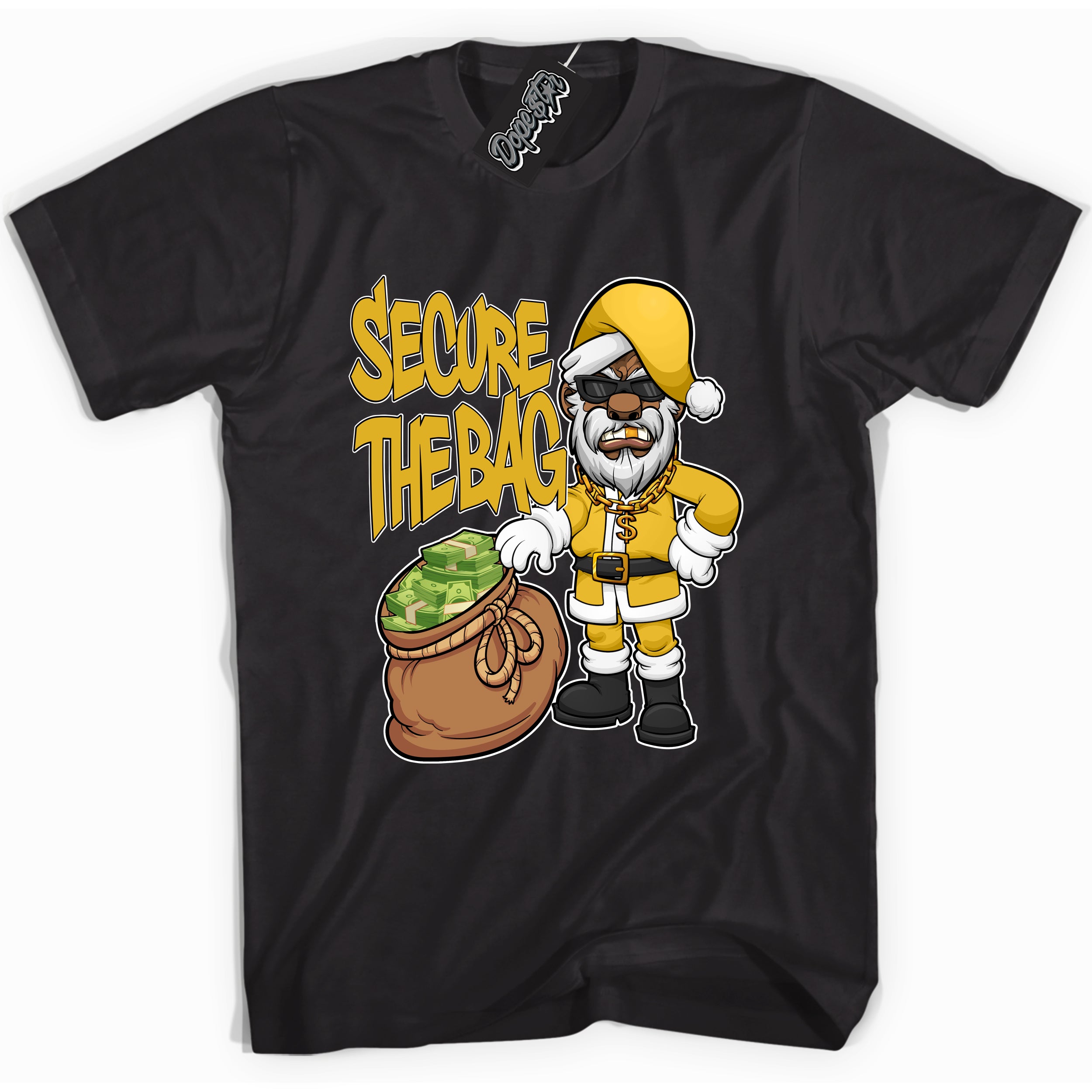 Cool Black Shirt with “ Secure The Bag Santa” design that perfectly matches Yellow Ochre 6s Sneakers.