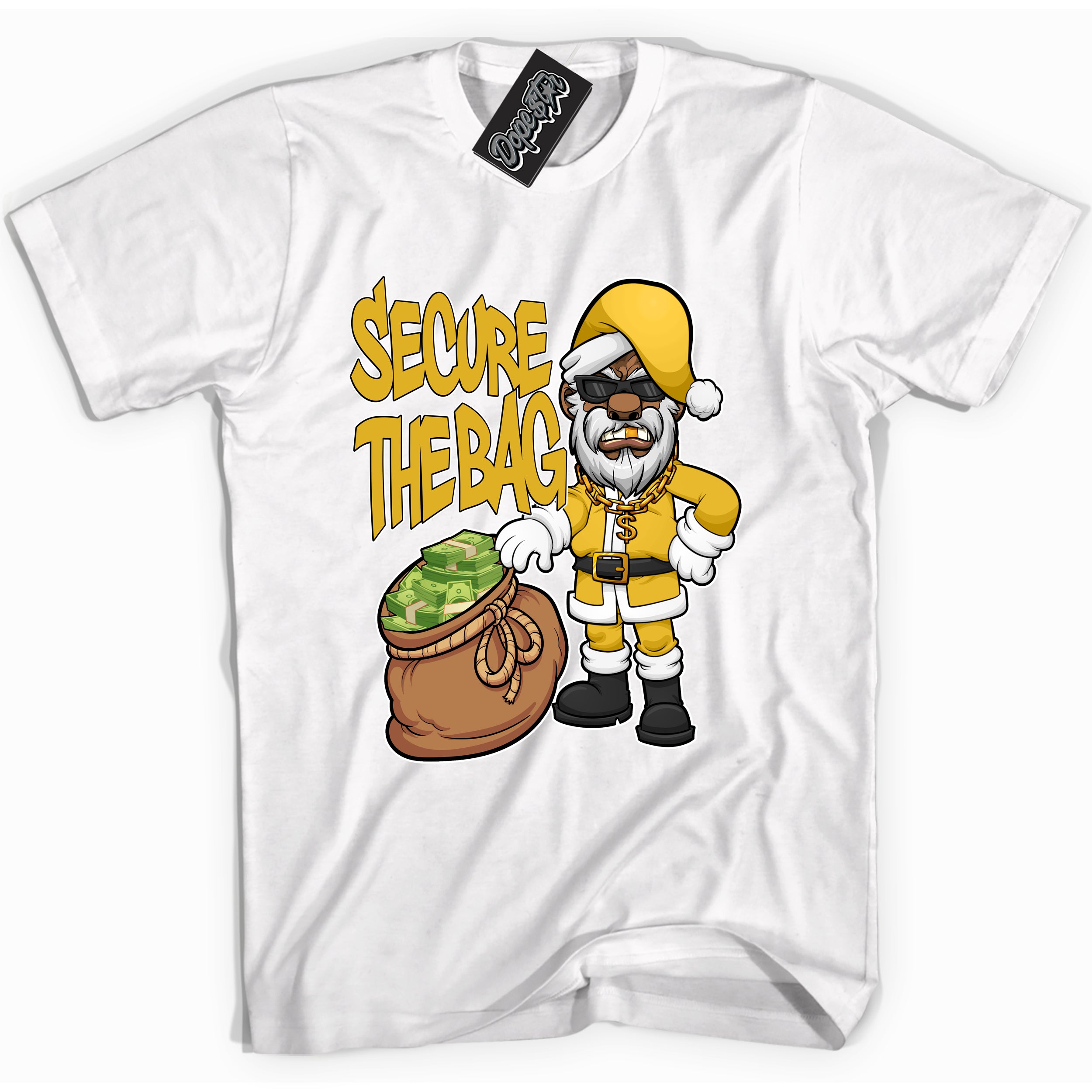 Cool White Shirt with “ Secure The Bag Santa” design that perfectly matches Yellow Ochre 6s Sneakers.