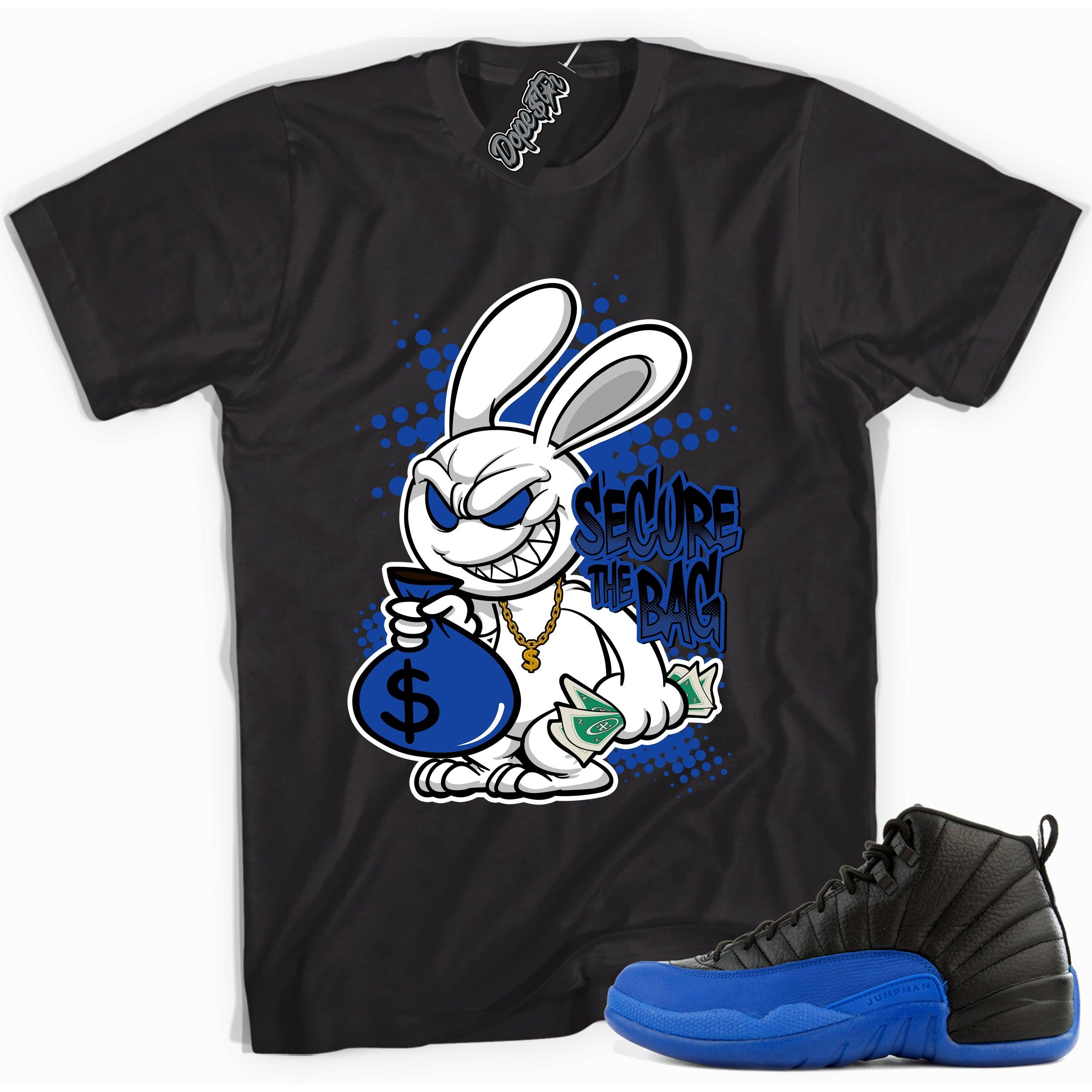 Cool black graphic tee with 'secure the bag' print, that perfectly matches  Air Jordan 12 Retro Black Game Royal sneakers.