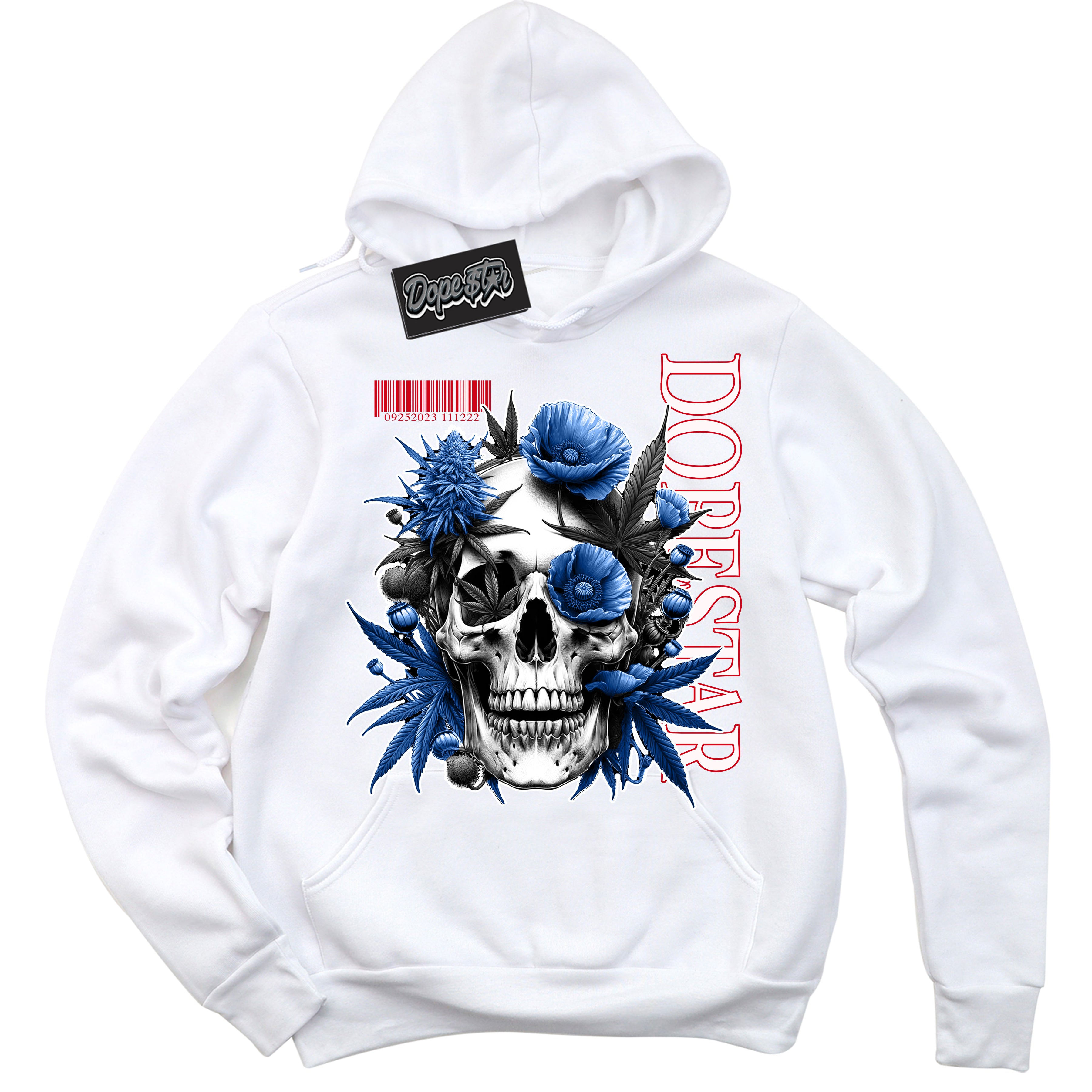 Cool White Hoodie with “ Skull Poppies ”  design that Perfectly Matches Industrial Blue Sashiko 1s Sneakers.