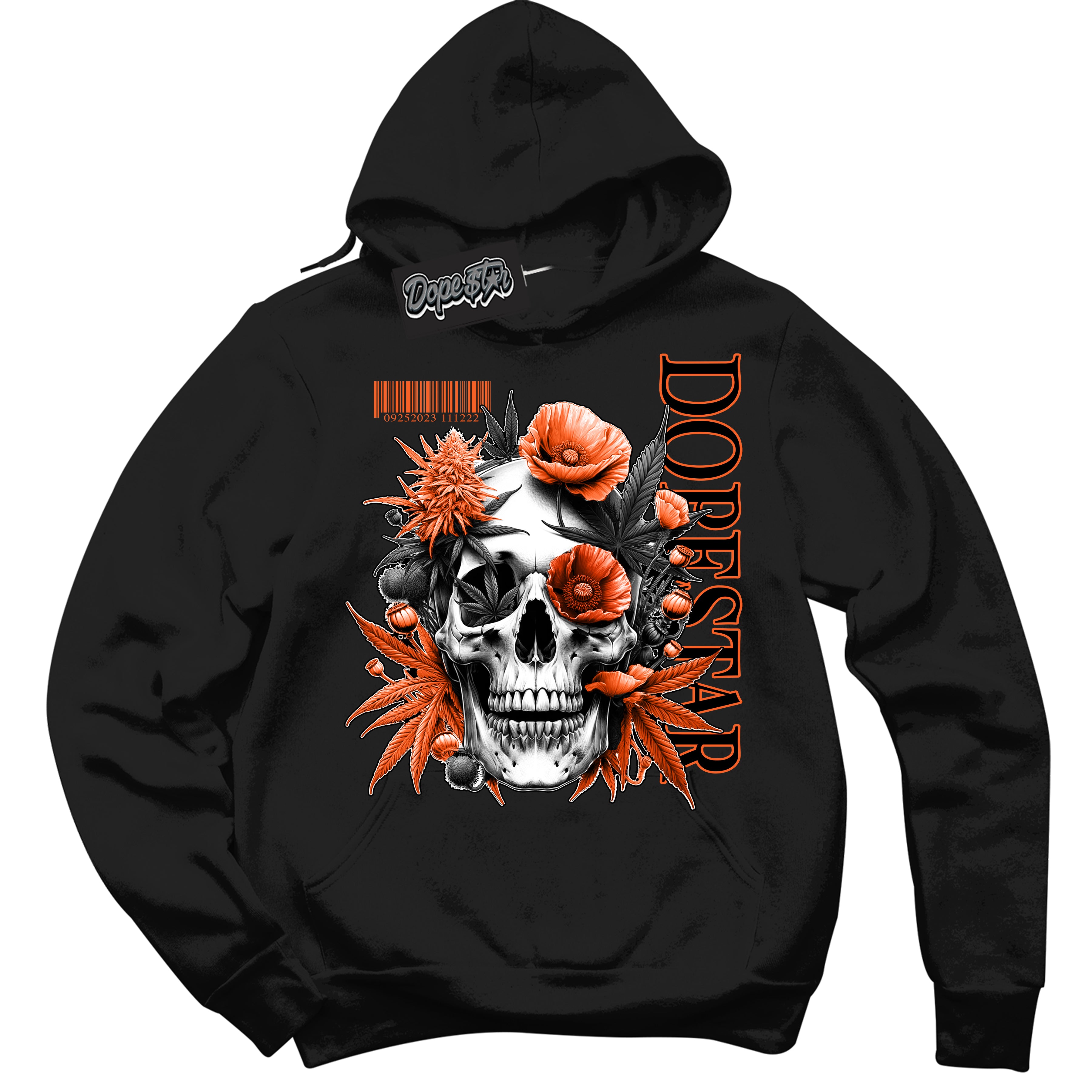 Cool Black Hoodie with “ Skull Poppies ”  design that Perfectly Matches WNBA All Star Brilliant Orange 12s Sneakers.