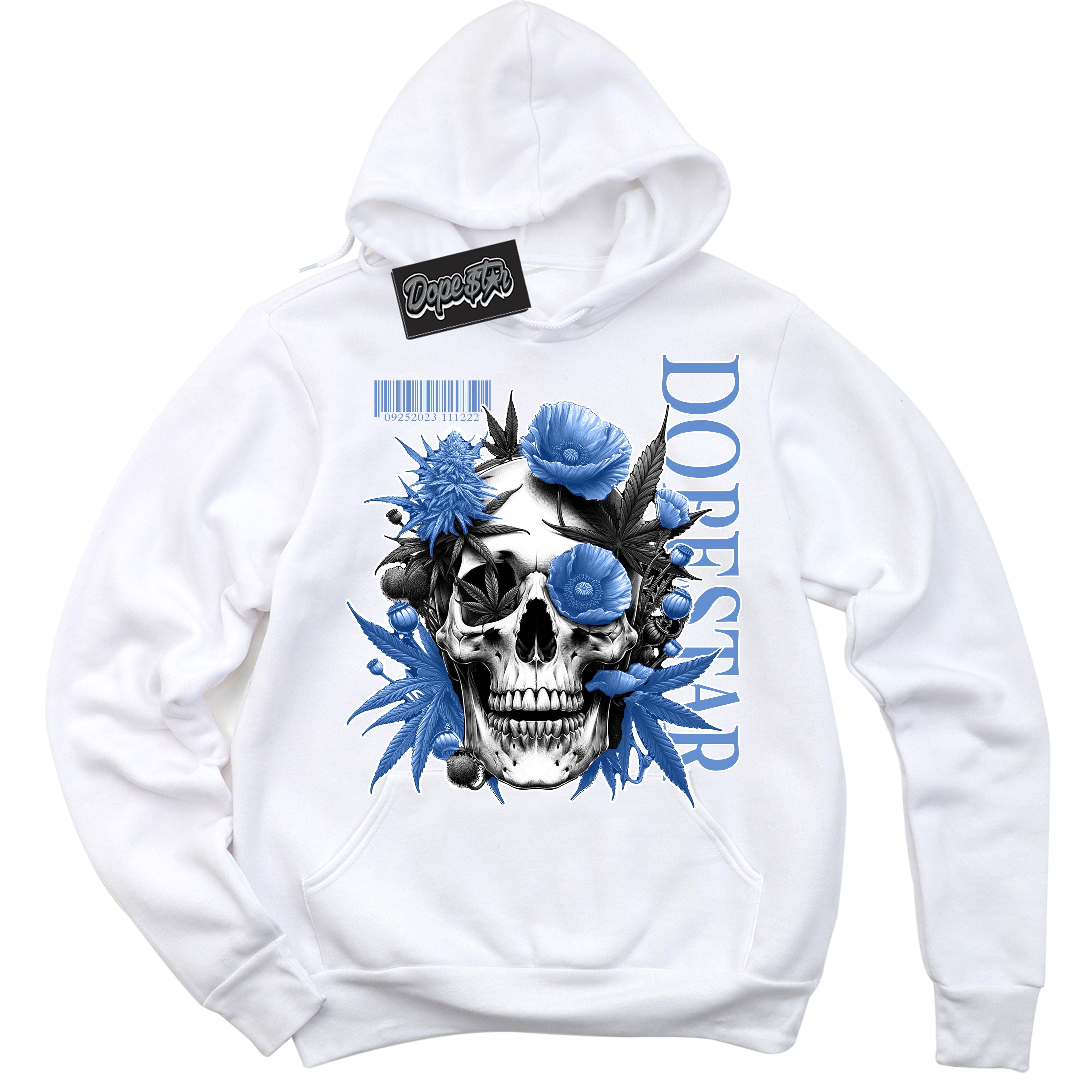 Cool White Hoodie with “ Skull Poppies ”  design that Perfectly Matches Polar Blue Sneakers.