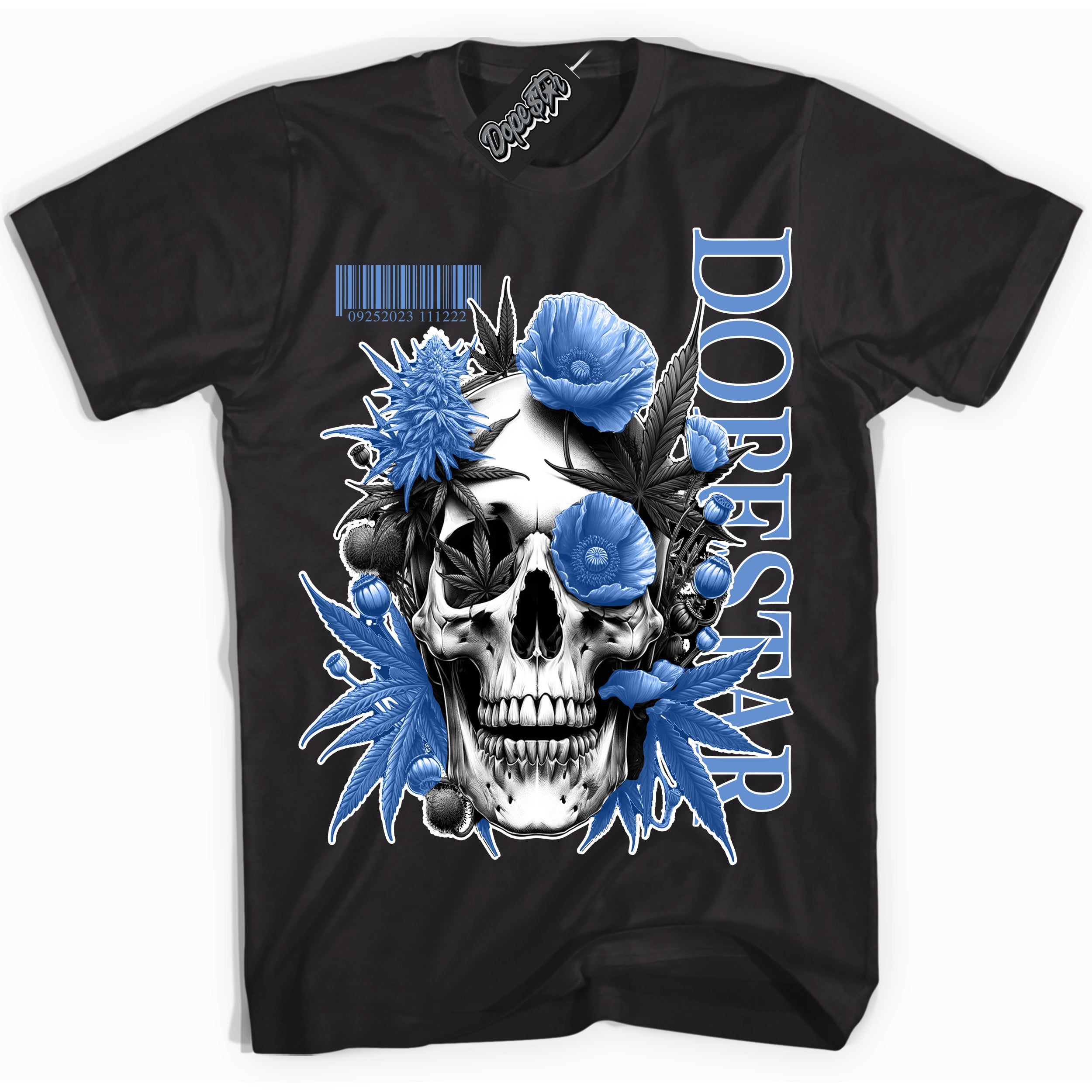 Cool Black Shirt with “ Skull Poppies” design that perfectly matches Polar Blue Sneakers.