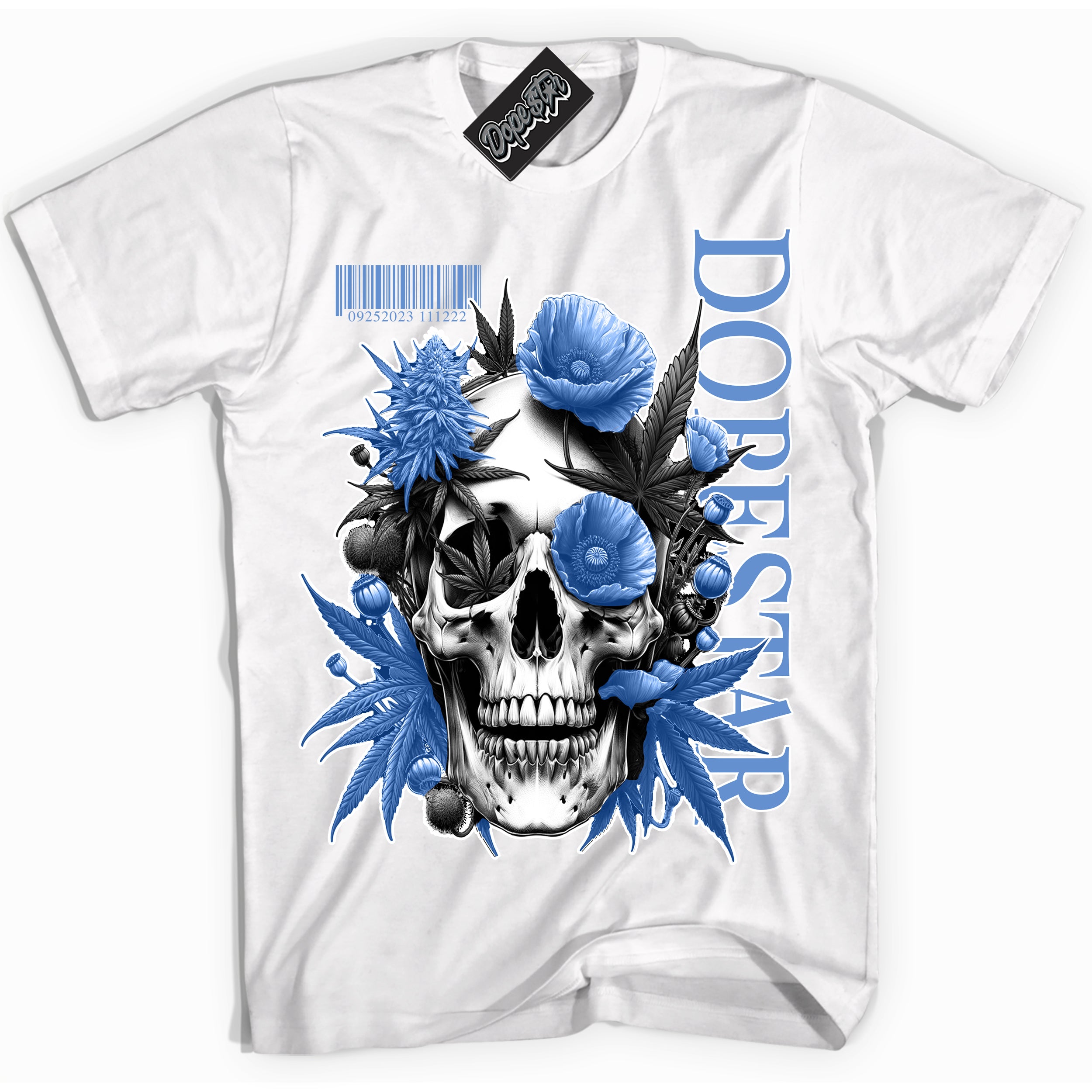 Cool White Shirt with “ Skull Poppies” design that perfectly matches Polar Blue Sneakers.