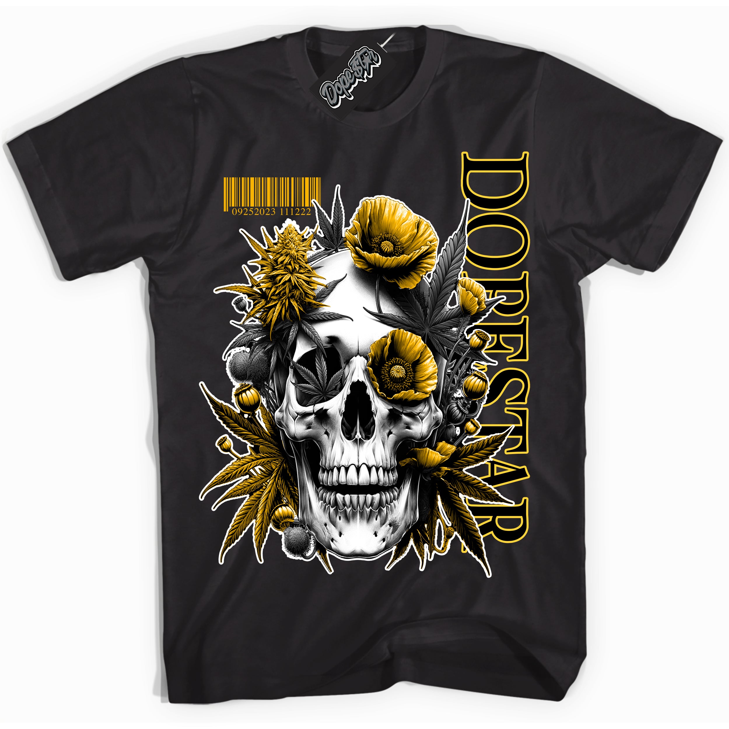 Cool Black Shirt with “ Skull Poppies” design that perfectly matches Reverse Goldenrod Sneakers.