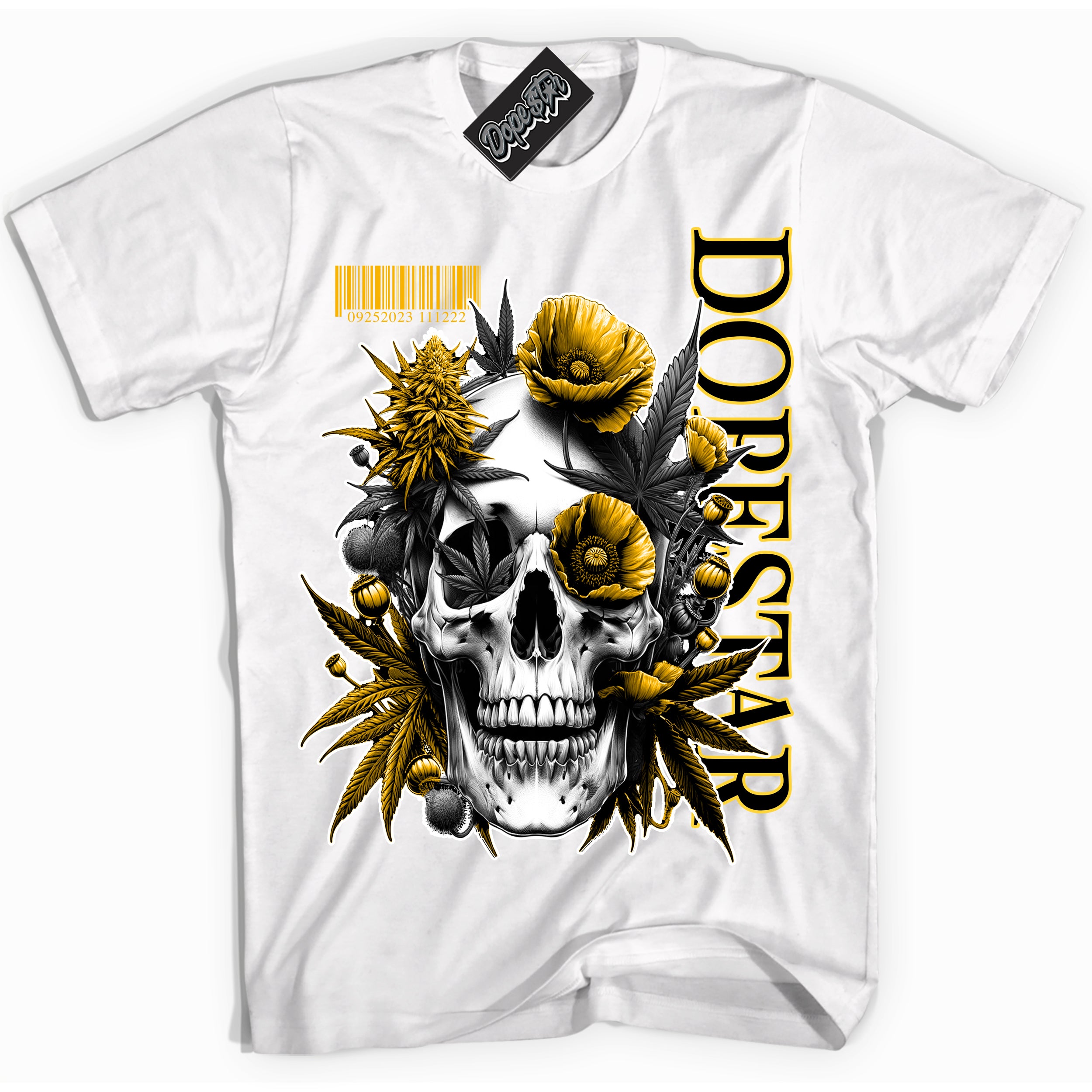 Cool White Shirt with “ Skull Poppies” design that perfectly matches Reverse Goldenrod Sneakers.