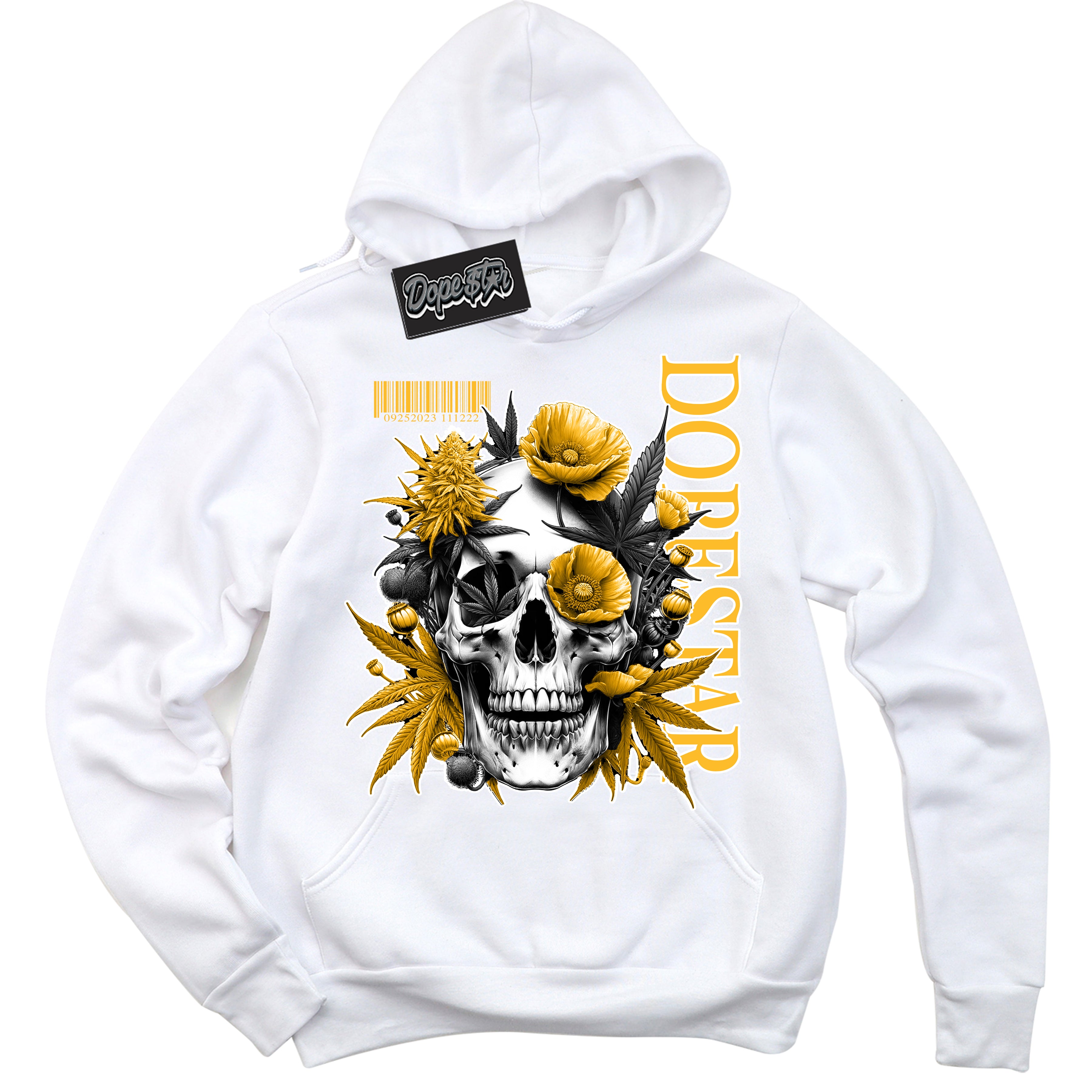 Cool White Hoodie with “ Skull Poppies ”  design that Perfectly Matches White University Gold Sneakers.