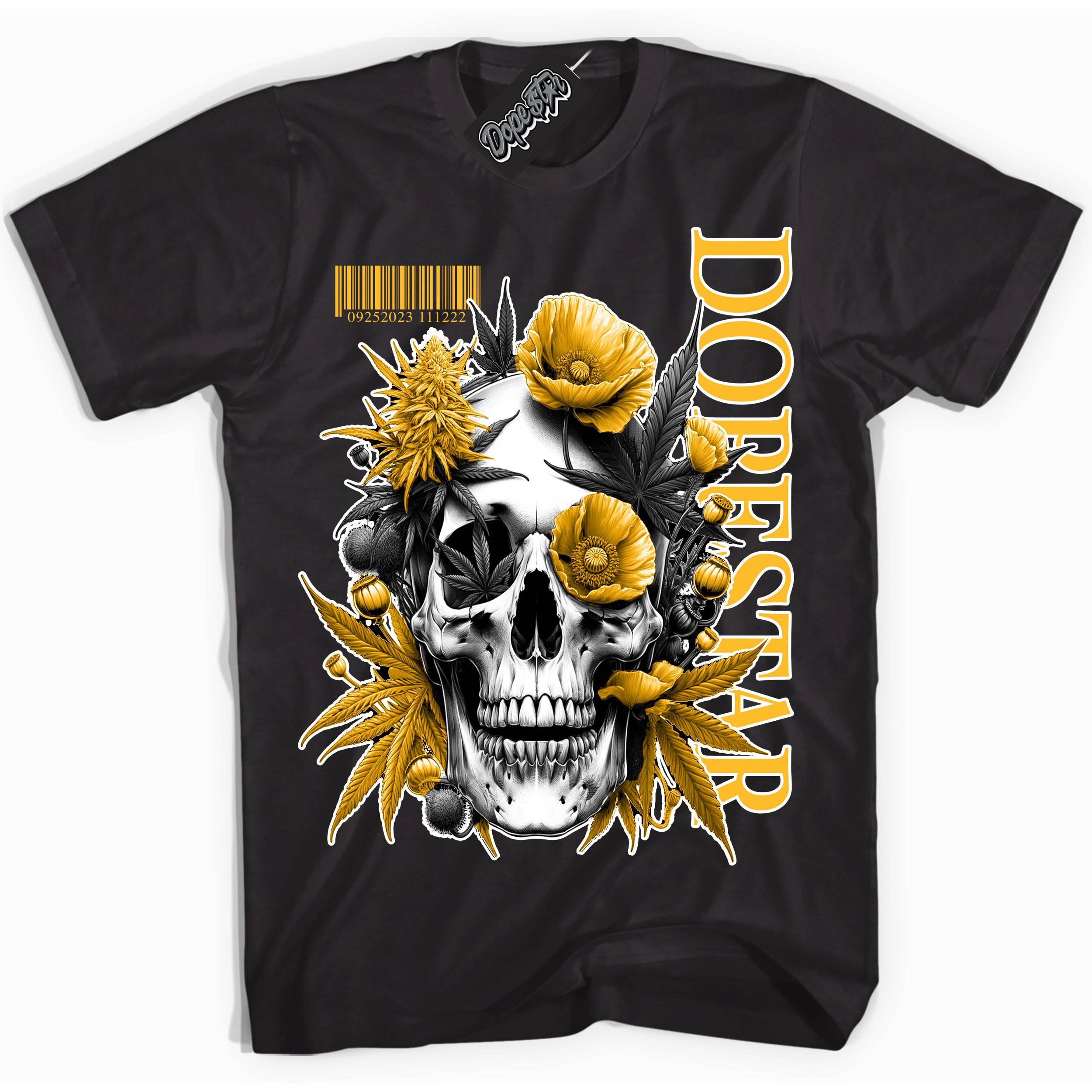 Cool Black Shirt with “ Skull Poppies” design that perfectly matches White University Gold Sneakers.