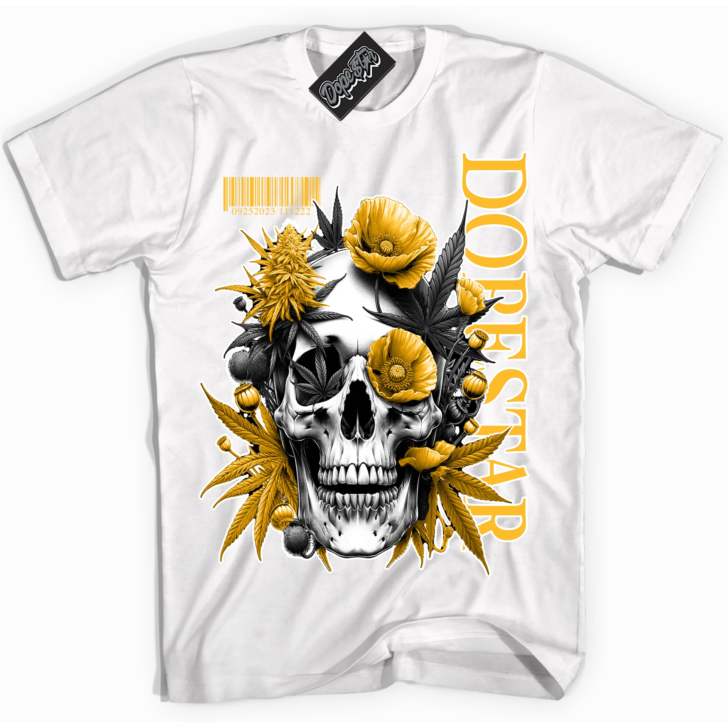 Cool White Shirt with “ Skull Poppies” design that perfectly matches White University Gold Sneakers.