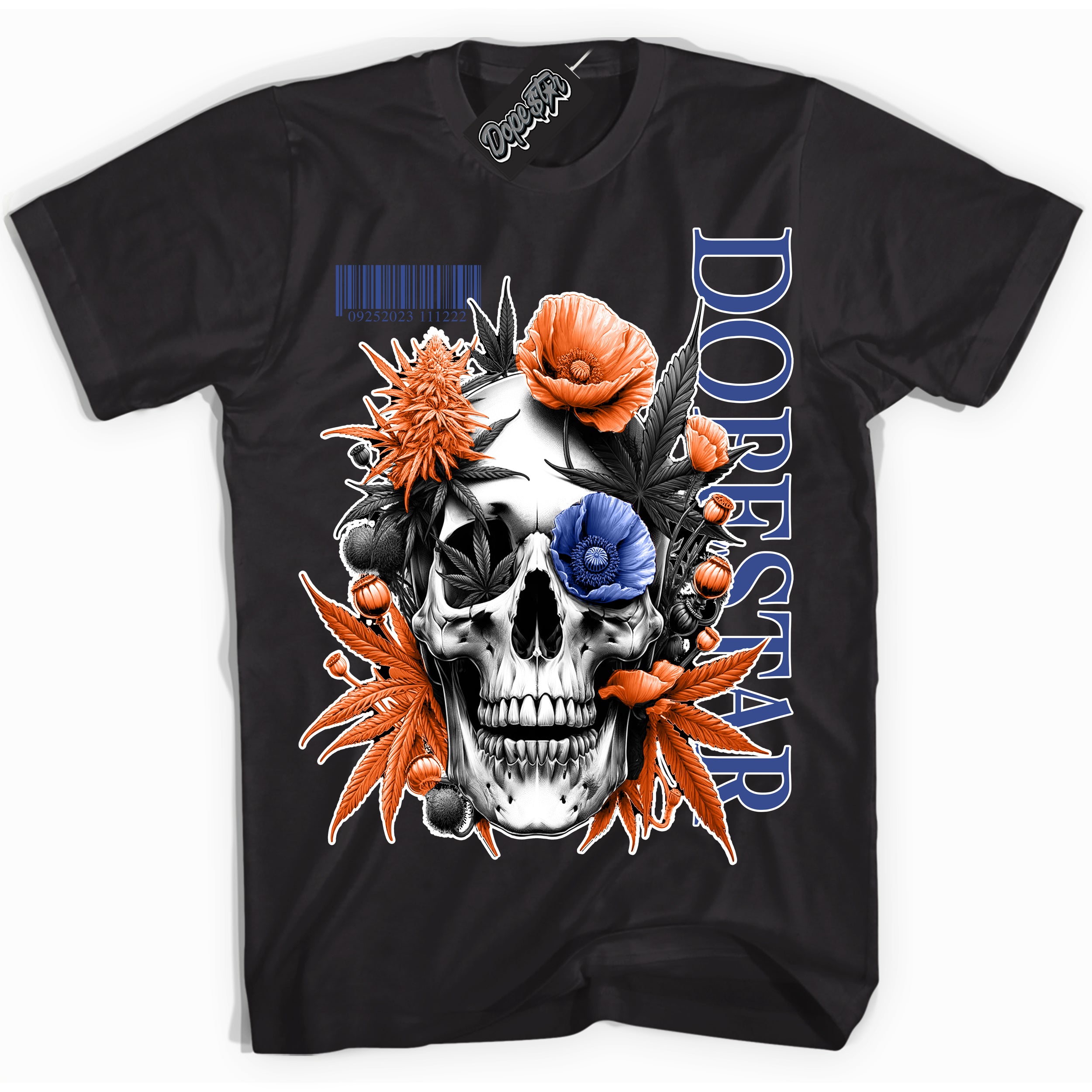 Cool Black Shirt with “ Skull Poppies” design that perfectly matches Knicks Sneakers.