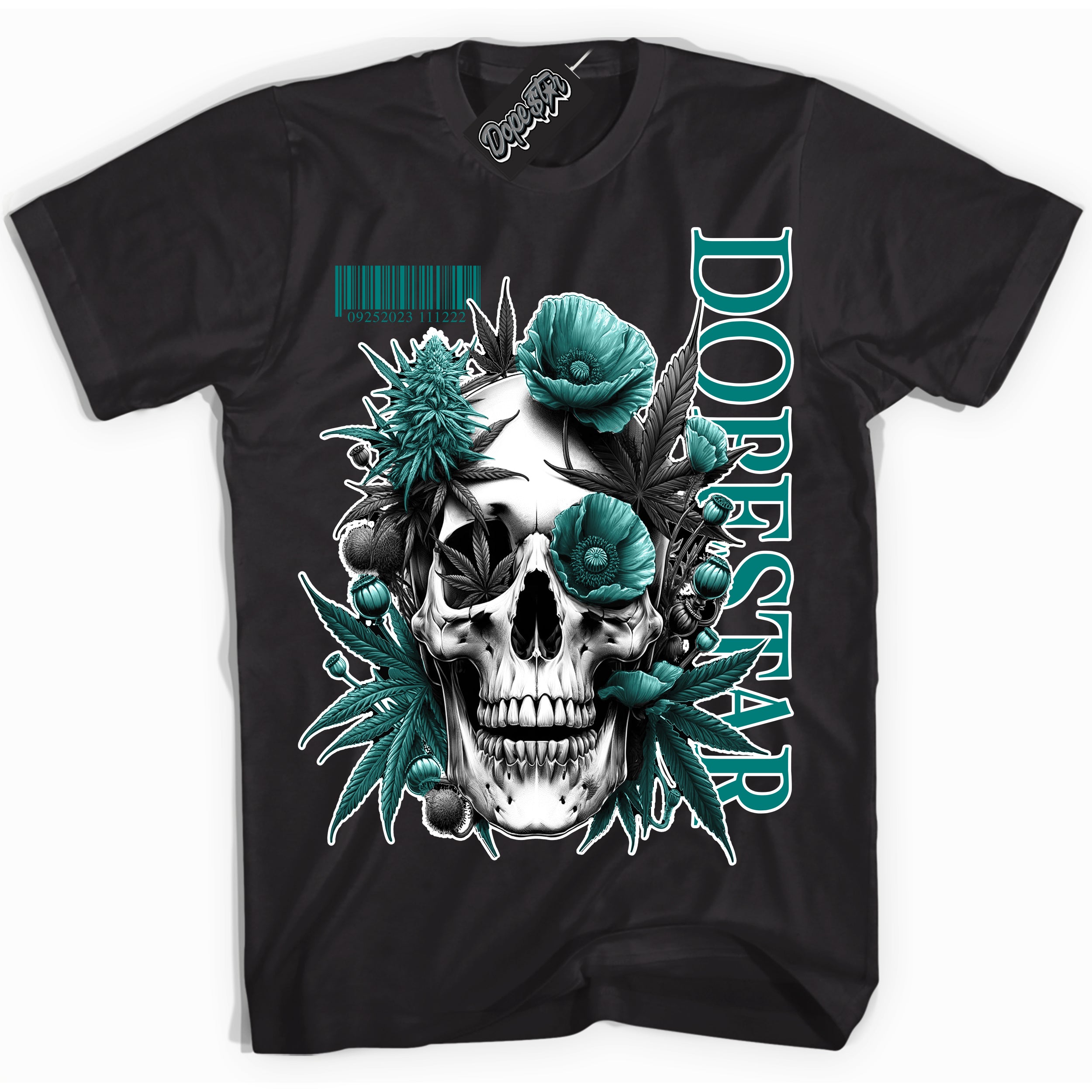 Cool Black Shirt with “ Skull Poppies” design that perfectly matches Protro Radiant Emerald 8s Sneakers.