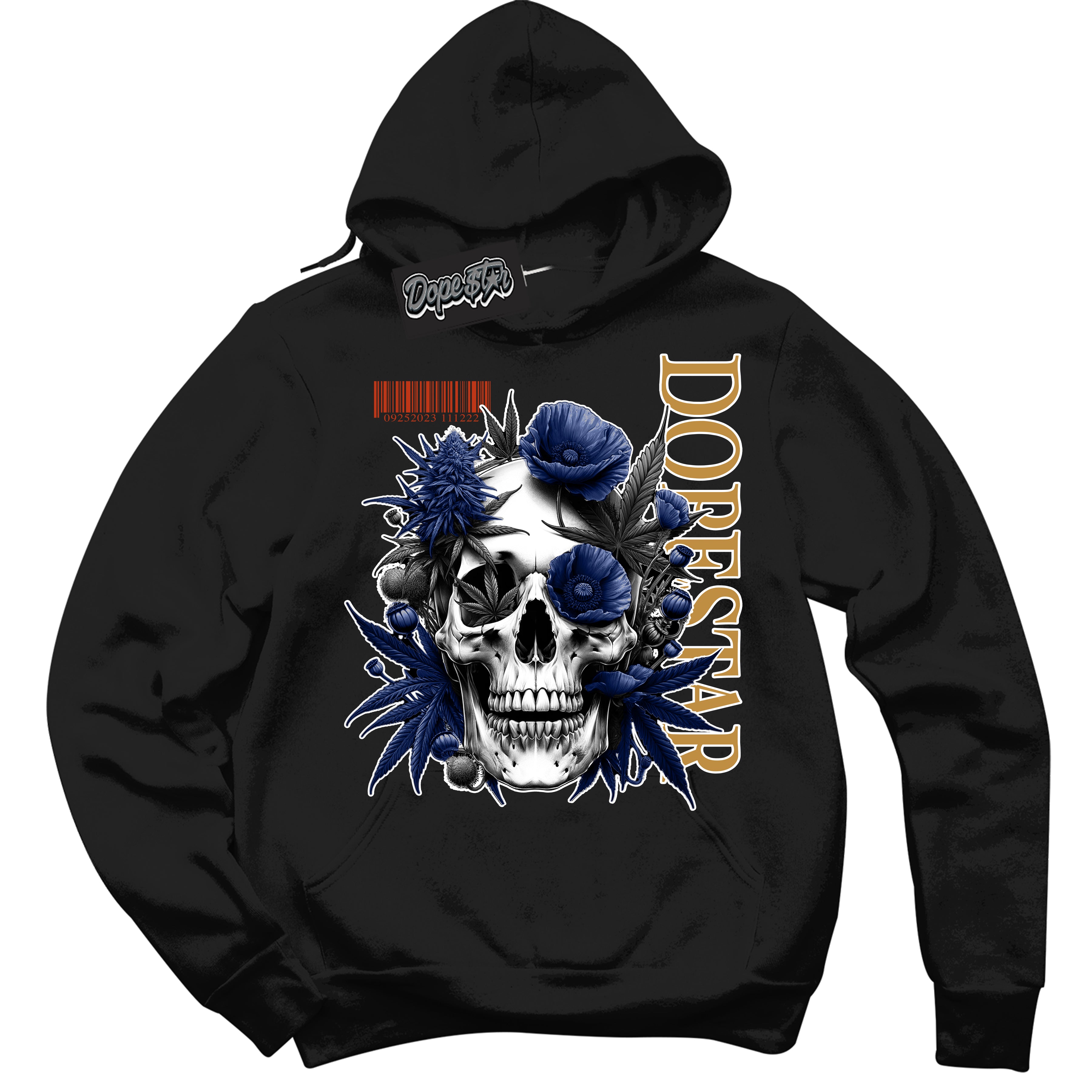 Cool Black Hoodie with “ Skull Poppies ”  design that Perfectly Matches Orange Label Navy Gum Sneakers.