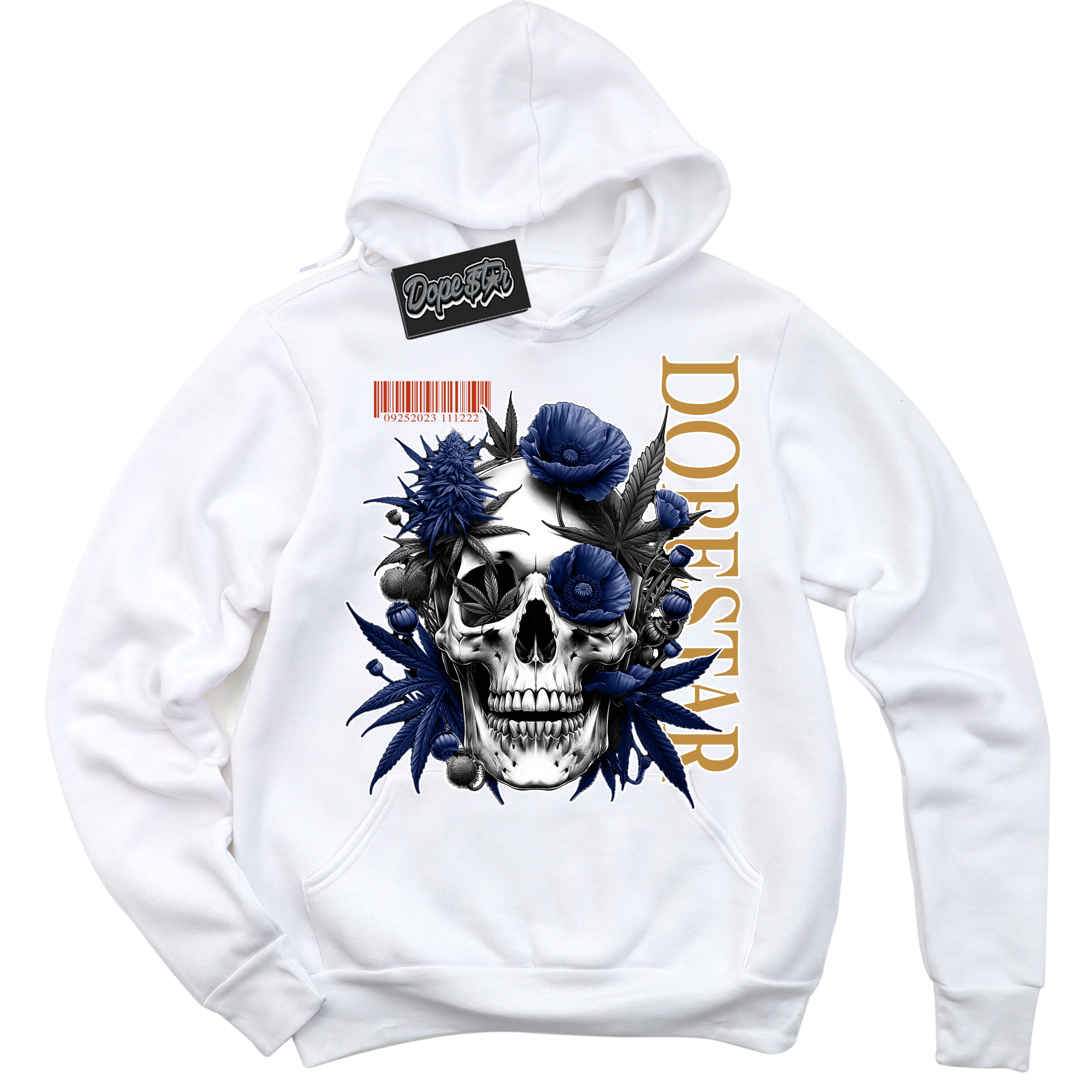 Cool White Hoodie with “ Skull Poppies ”  design that Perfectly Matches Orange Label Navy Gum Sneakers.