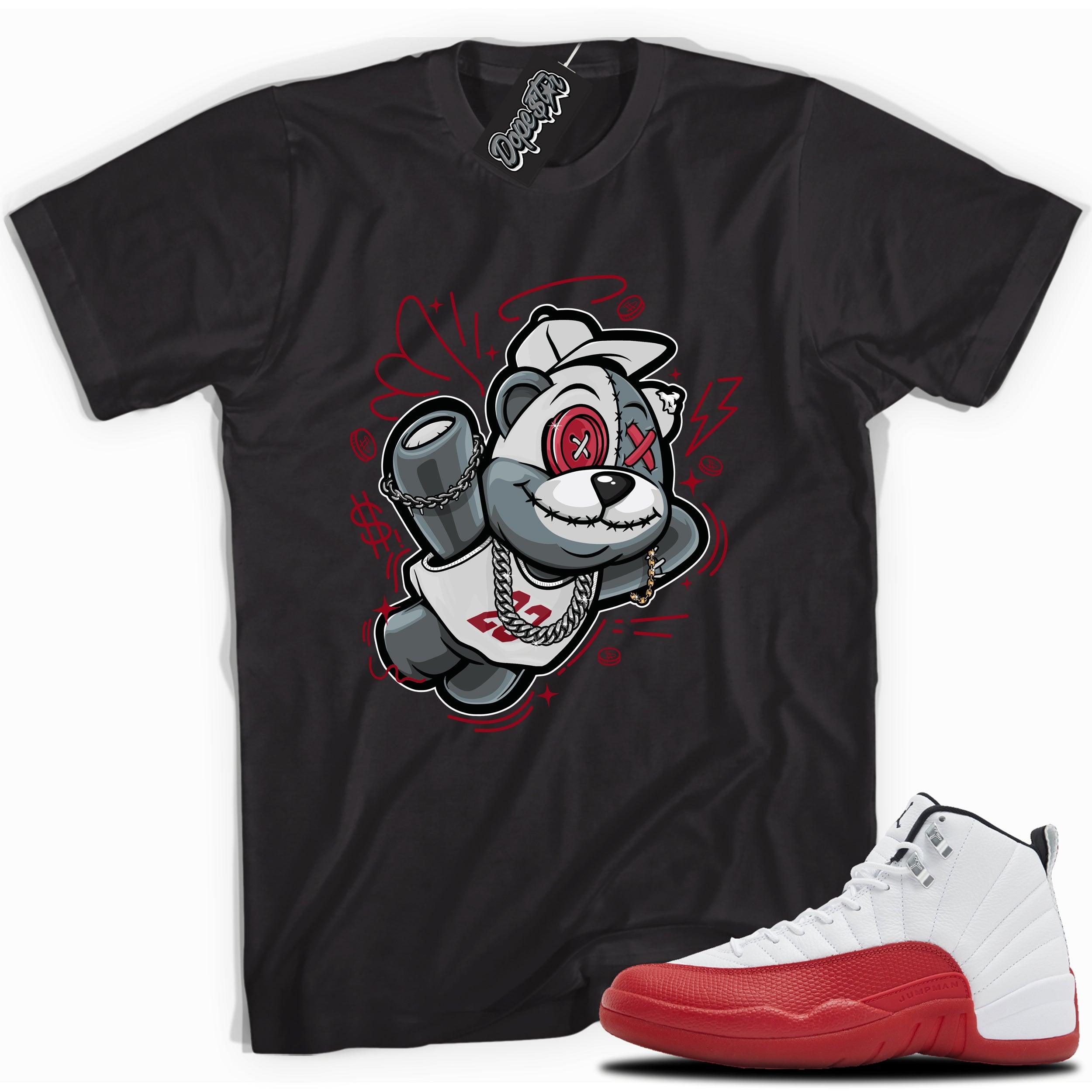 Cool Black graphic tee with “Slam Dunk Bear” print, that perfectly matches Air Jordan 12 Retro Cherry Red 2023 red and white sneakers 