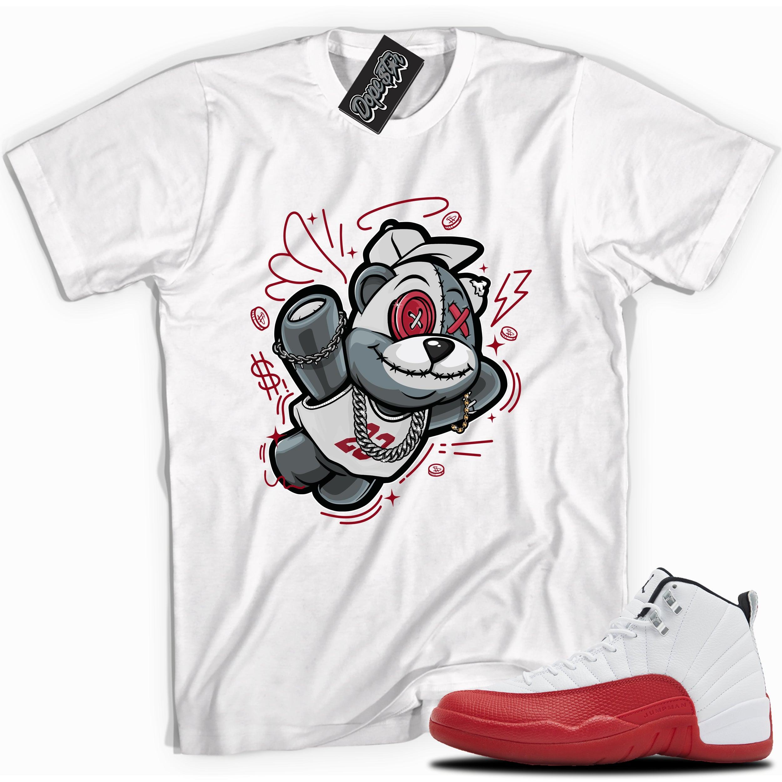 Cool White graphic tee with “Slam Dunk Bear” print, that perfectly matches Air Jordan 12 Retro Cherry Red 2023 red and white sneakers 