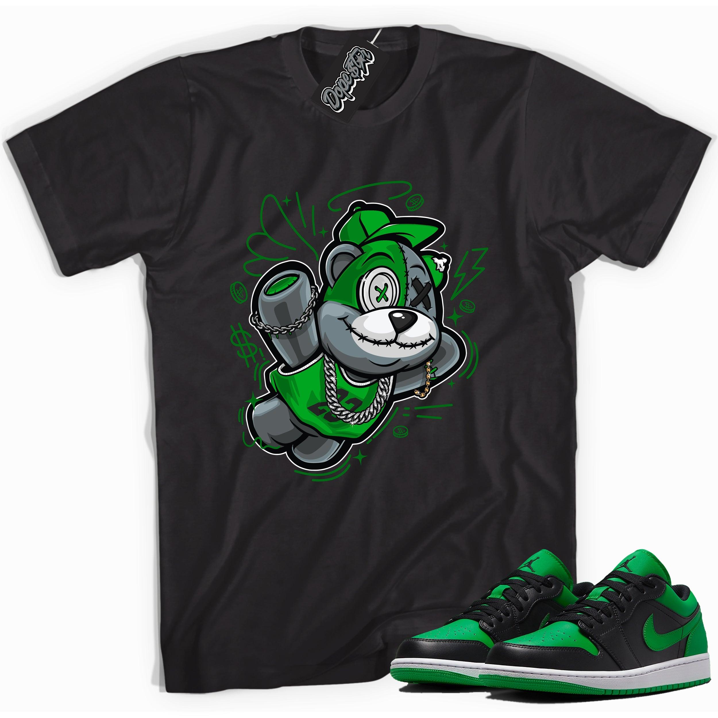 Cool black graphic tee with 'slam dunk bear' print, that perfectly matches Air Jordan 1 Low Lucky Green sneakers