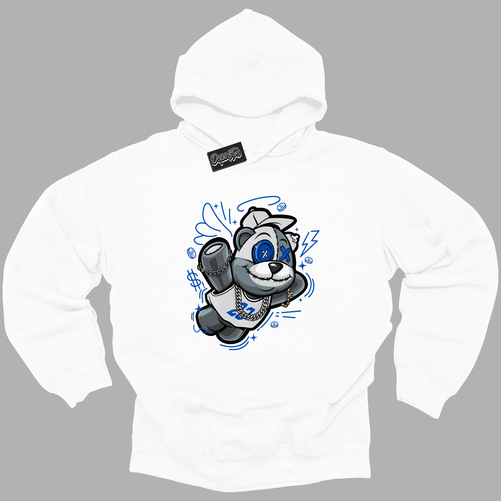 Cool White Hoodie with “ Slam Dunk Bear ”  design that Perfectly Matches Royal Reimagined 1s Sneakers.