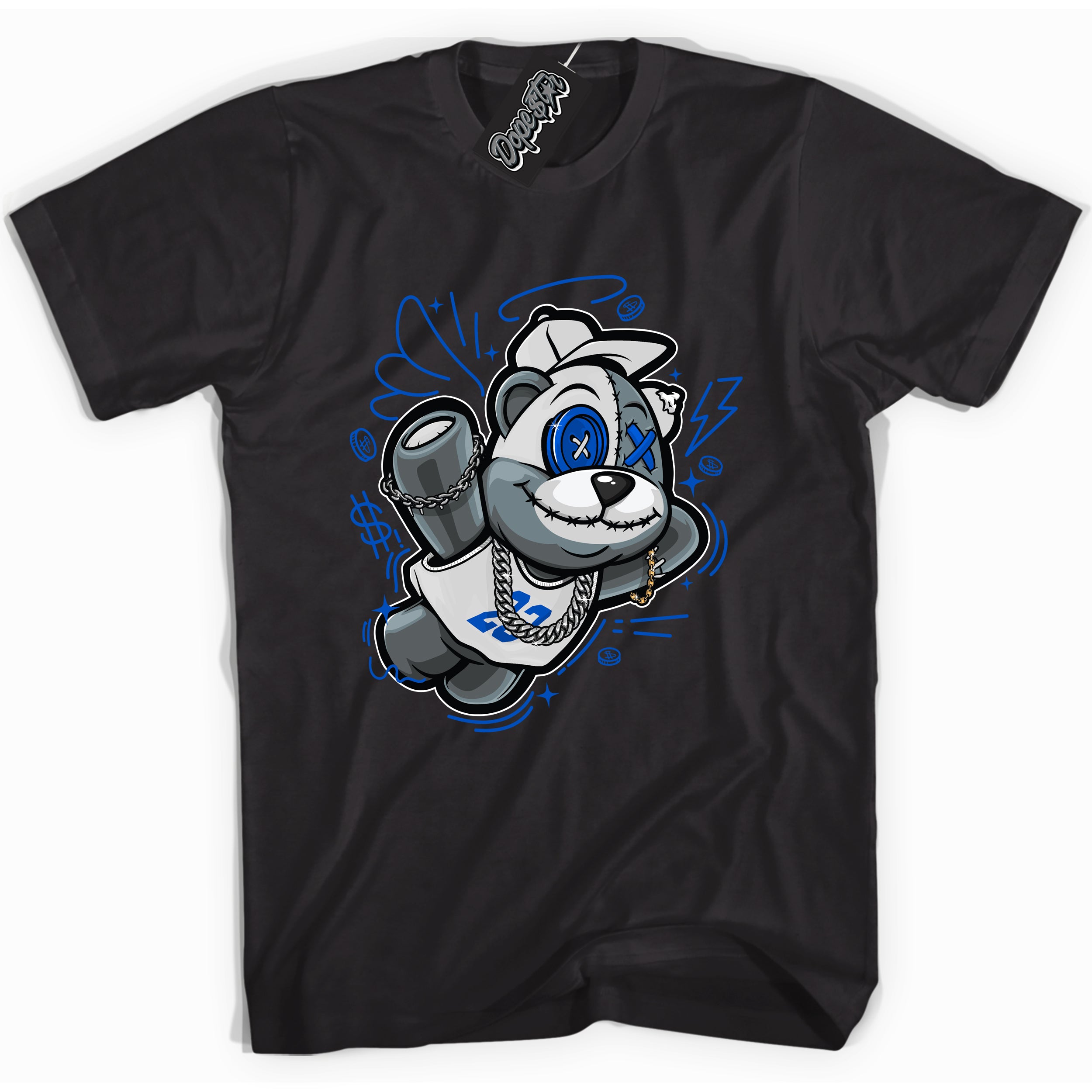 Cool Black graphic tee with Slam Dunk Bear print, that perfectly matches OG Royal Reimagined 1s sneakers 