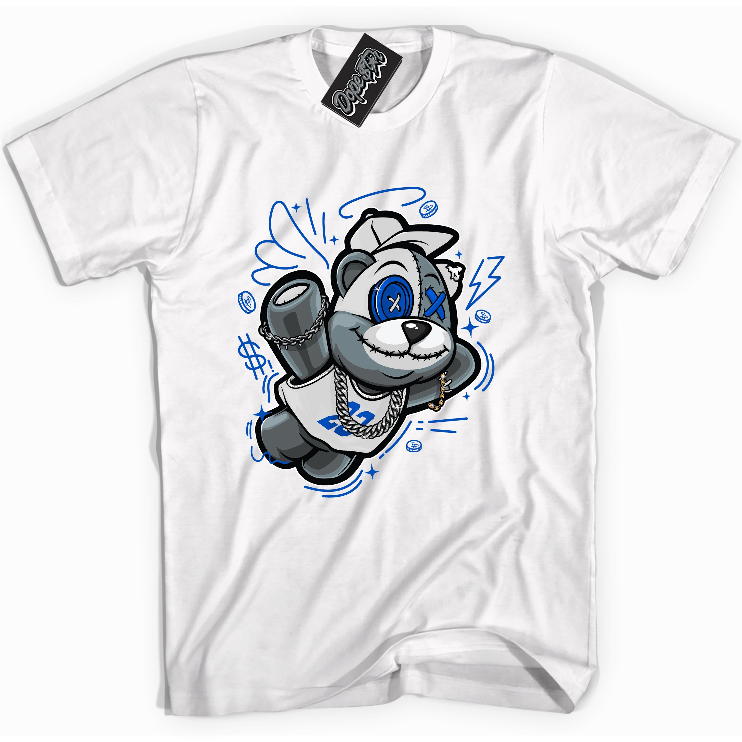 Cool White graphic tee with Slam Dunk Bear print, that perfectly matches OG Royal Reimagined 1s sneakers 
