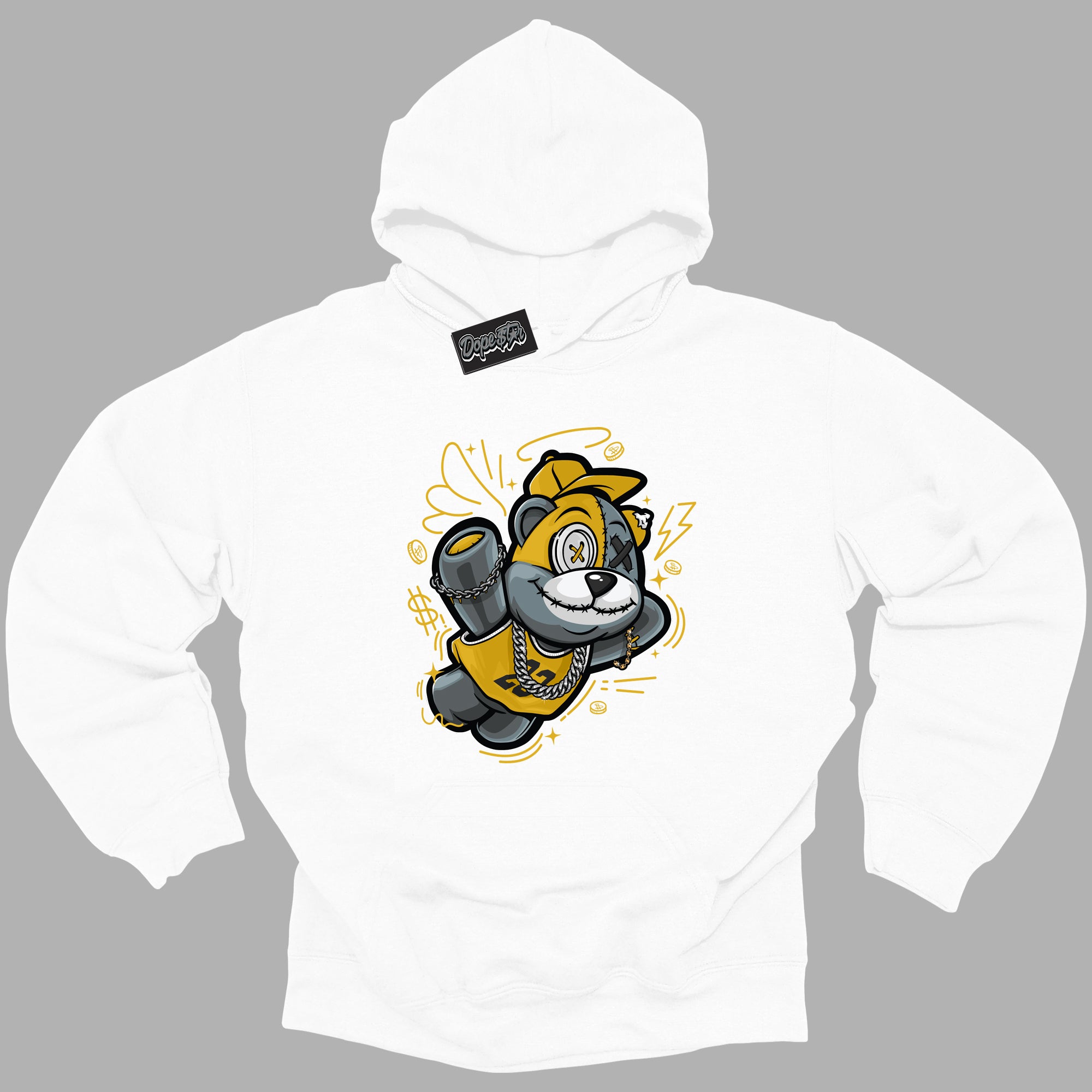 Cool White Hoodie with “ Slam Dunk Bear ”  design that Perfectly Matches Yellow Ochre 6s Sneakers.