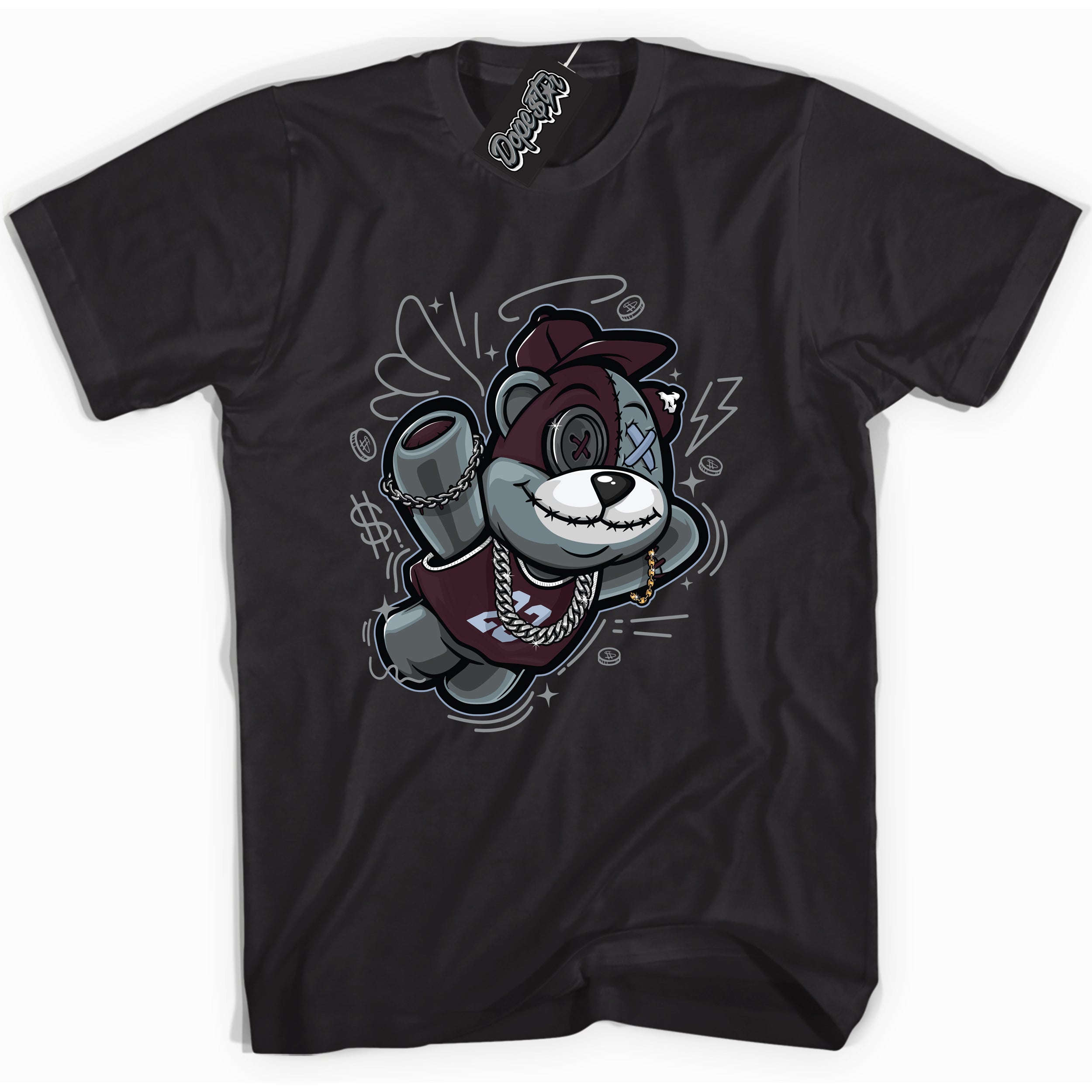 Cool Black Shirt with “ Slam Dunk Bear” design that perfectly matches Burgundy 5s Sneakers.