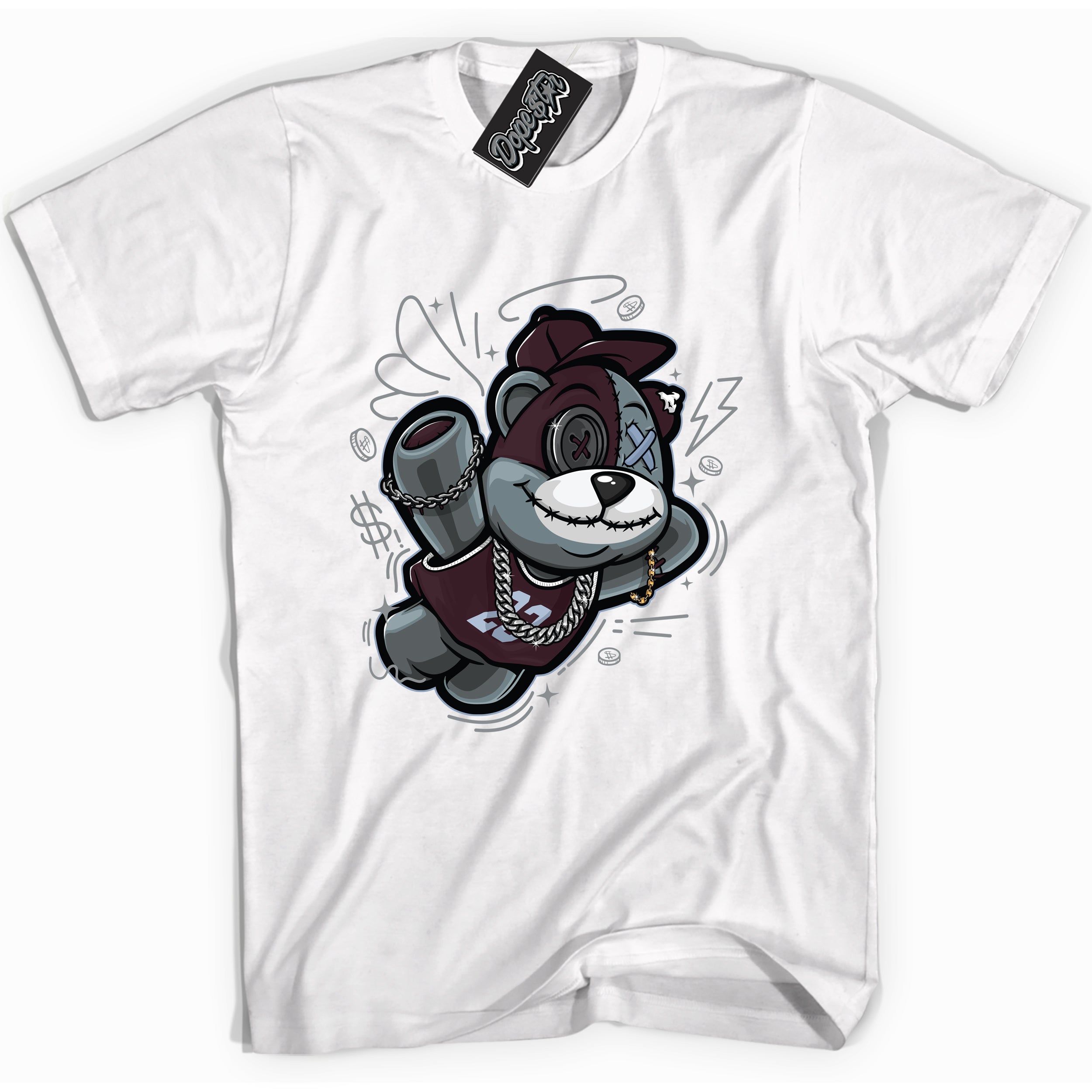 Cool White Shirt with “ Slam Dunk Bear” design that perfectly matches Burgundy 5s Sneakers.