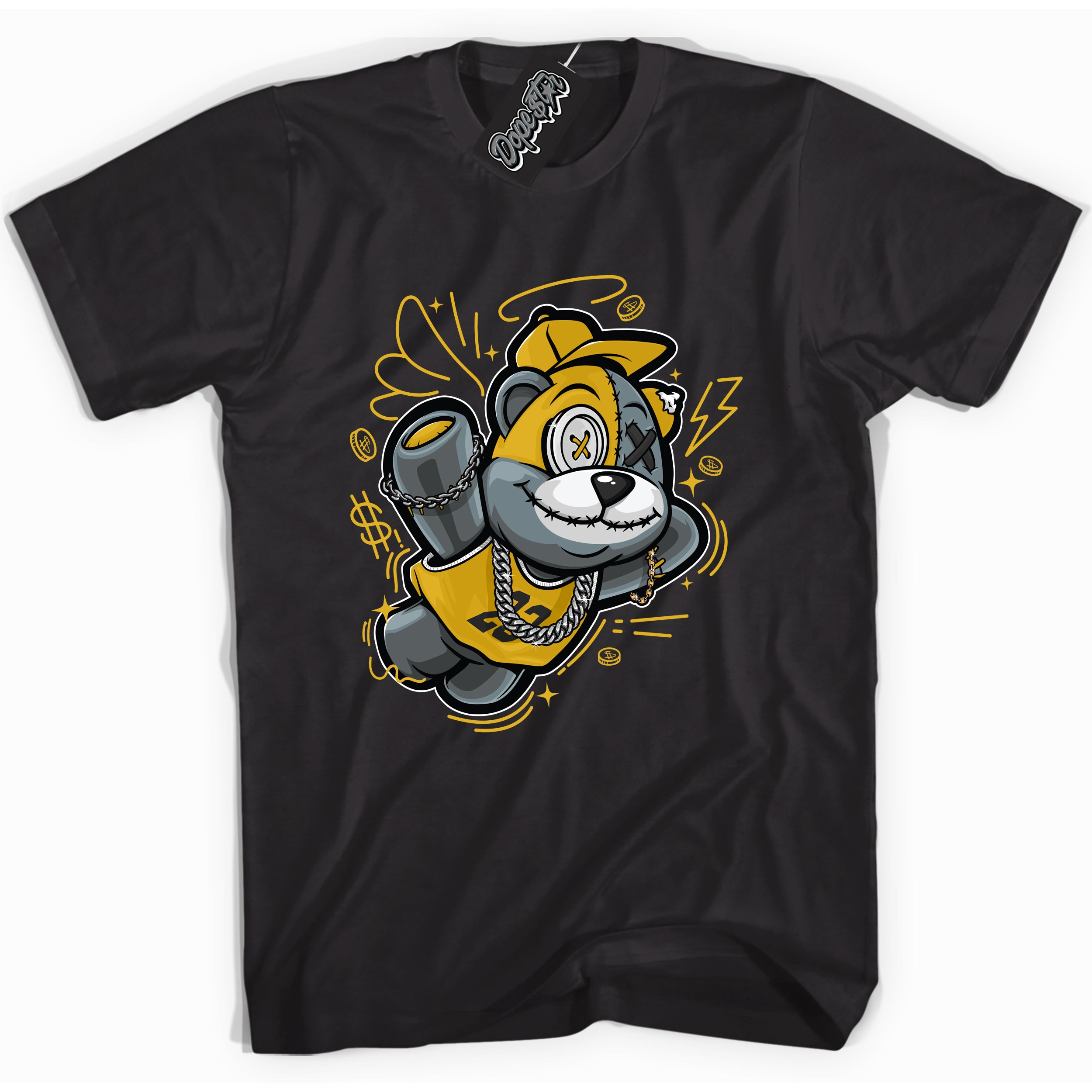 Cool Black Shirt with “ Slam Dunk Bear ” design that perfectly matches Yellow Ochre 6s Sneakers.