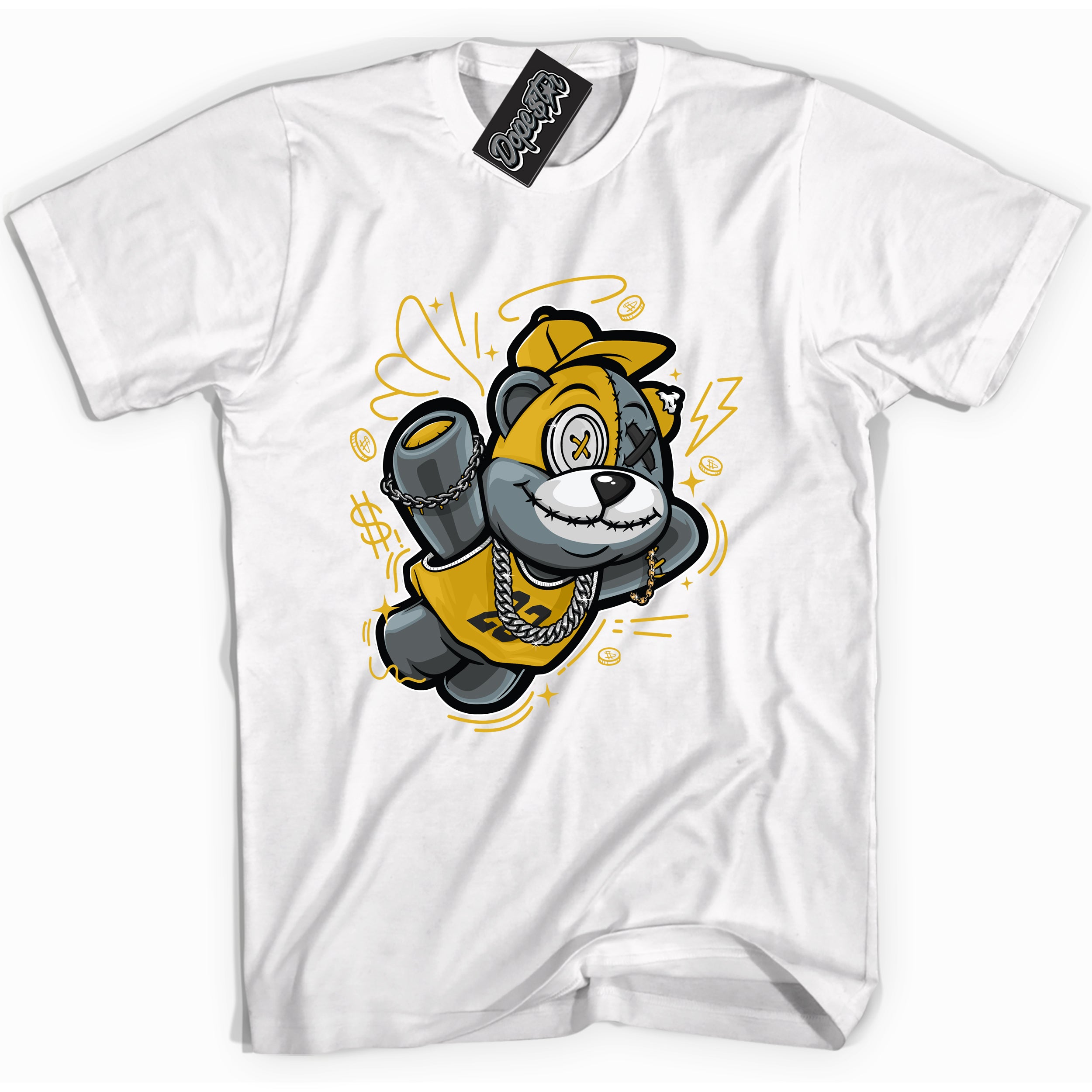 Cool White Shirt with “ Slam Dunk Bear” design that perfectly matches Yellow Ochre 6s Sneakers.